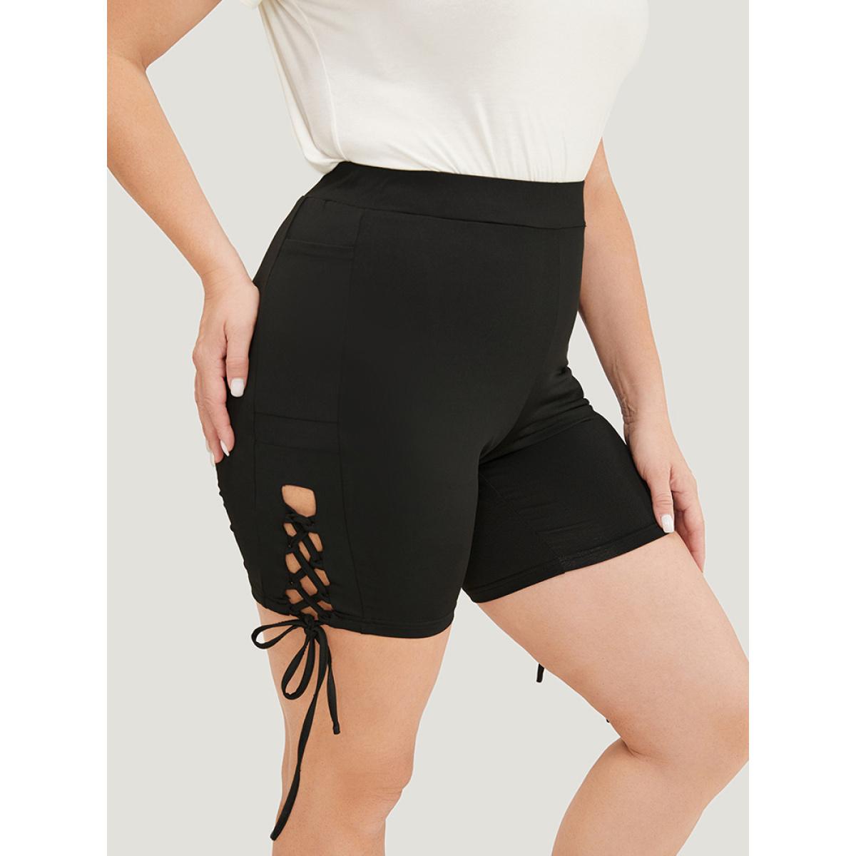 Plus Size Solid Cut Out Lace Up Shorts Women Black Casual High stretch Skinny High Rise Dailywear Leggings BloomChic 28/5X Product Image