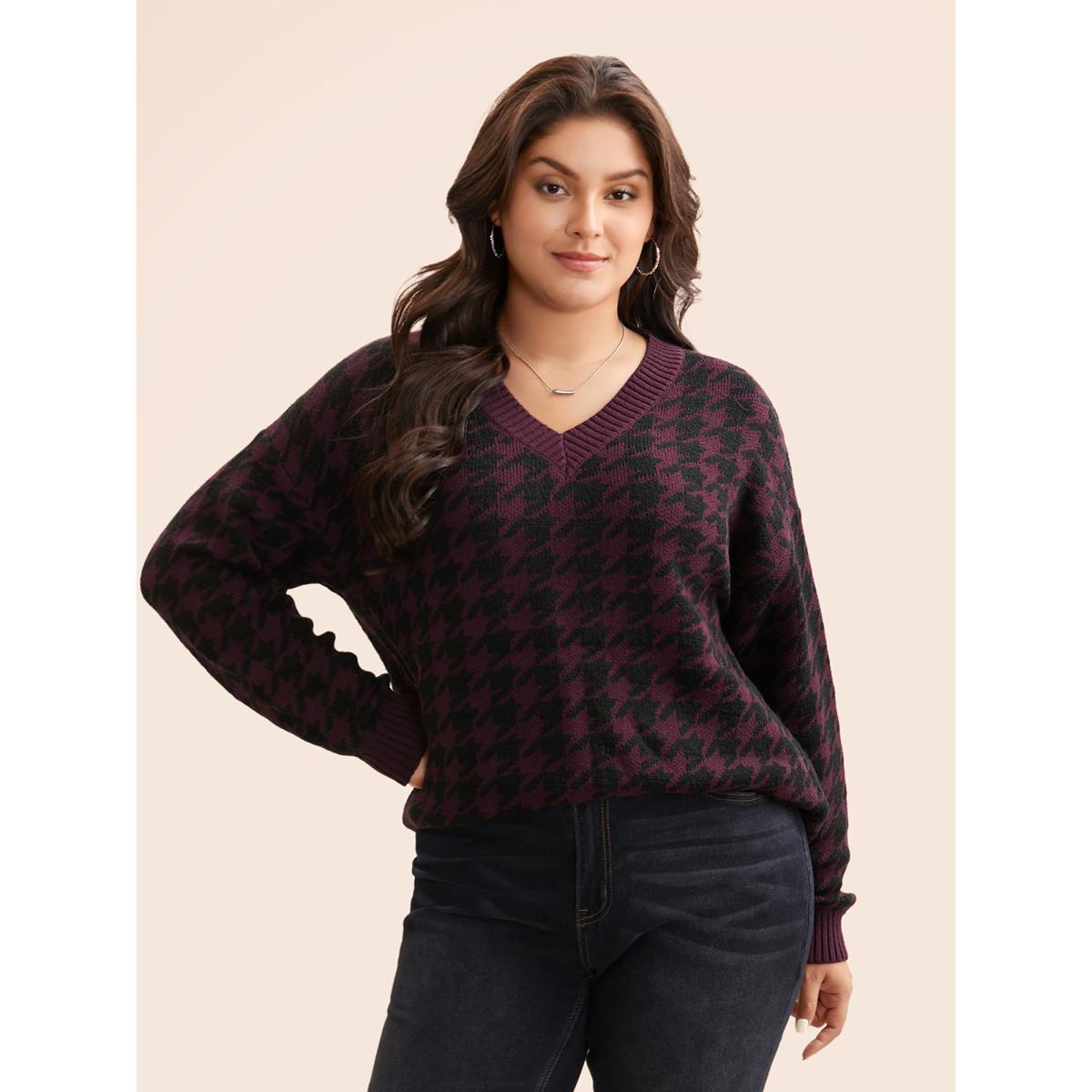 Plus Size V Neck Houndstooth Drop Shoulder Pullover Plum Women Casual Loose Long Sleeve V-neck Everyday Pullovers BloomChic 26/4X Product Image