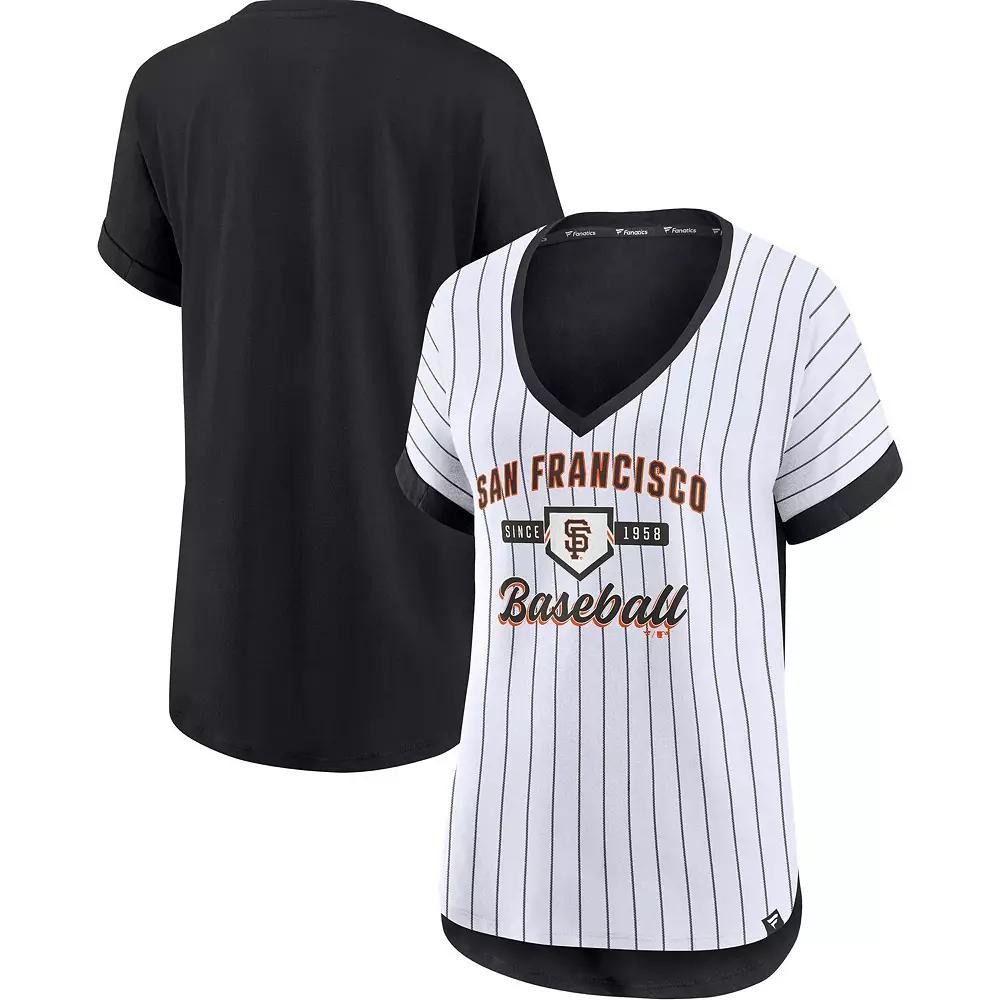 Women's Fanatics Branded White/Black San Francisco Giants Iconic Noise Factor Pinstripe V-Neck T-Shirt, Size: XS Product Image