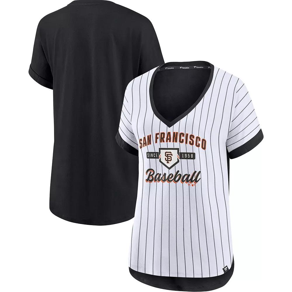 Women's Fanatics Branded White/Black San Francisco Giants Iconic Noise Factor Pinstripe V-Neck T-Shirt, Size: XS Product Image