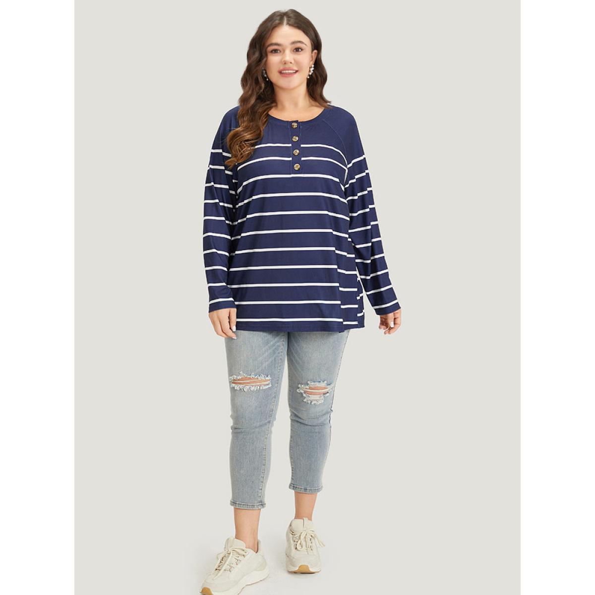 Plus Size Striped Button Up Crew Neck Raglan Sleeve T-shirt Blue Women Casual Button Striped Open Front Dailywear T-shirts BloomChic 10/M Product Image