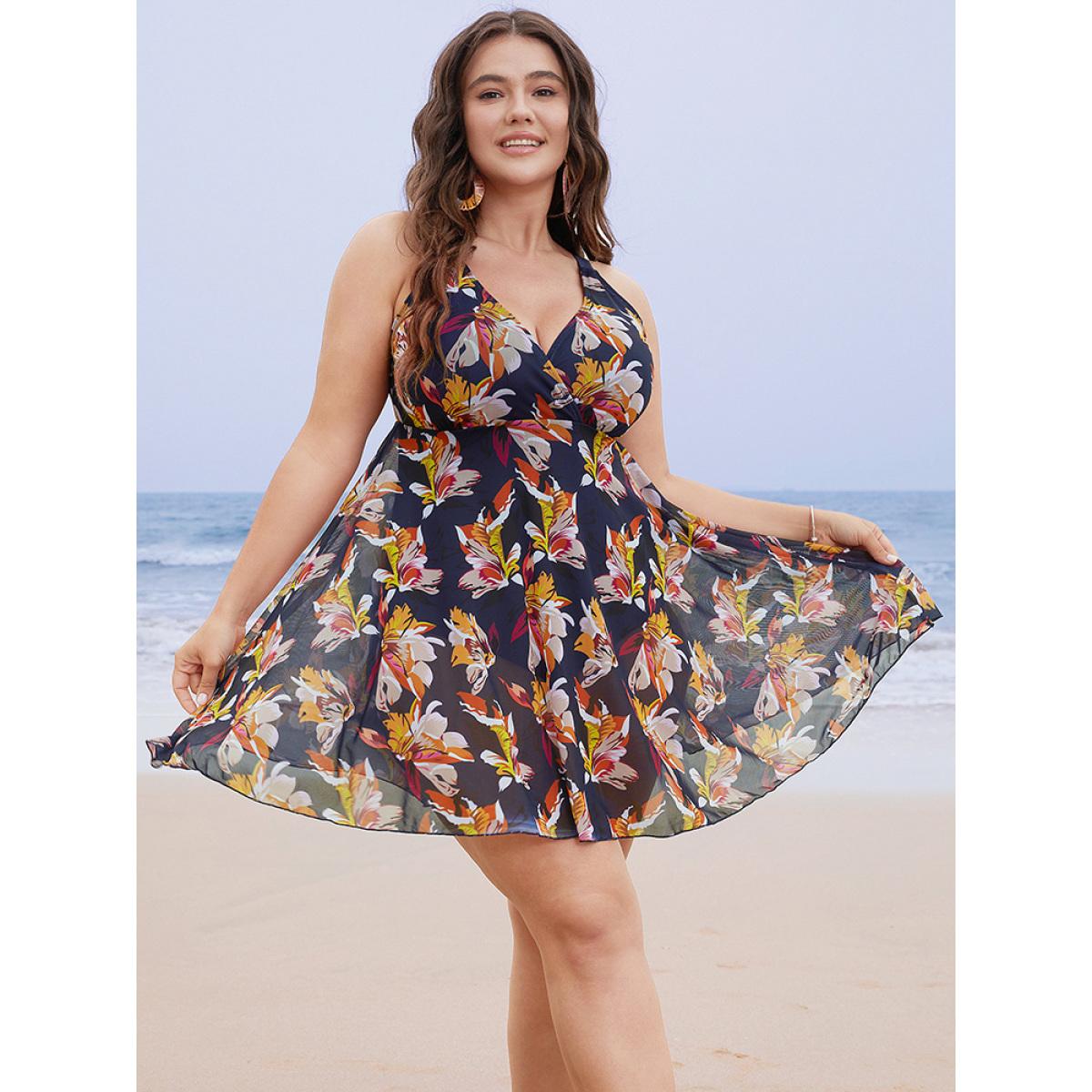 Plus Size Floral Mesh Surplice Neck Ruffles Swim Dress Women's Swimwear Indigo Vacation Bodycon V-neck High stretch Curve Swim Dresses BloomChic 26/4X Product Image