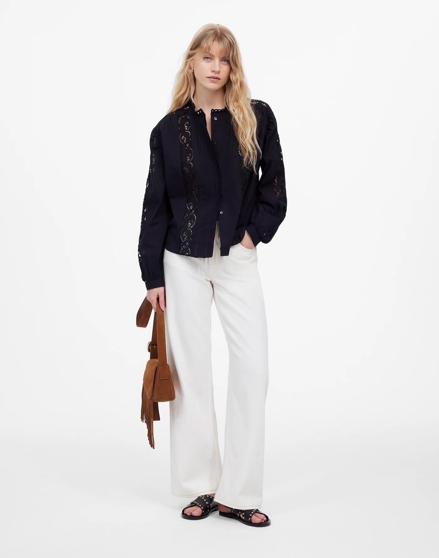 Lace-Inset Pintucked Button-Up Top Product Image