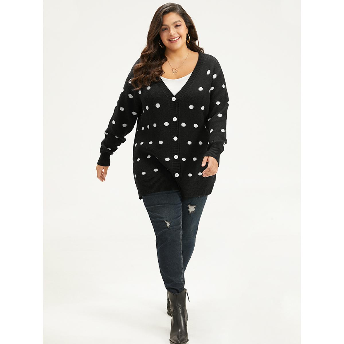 Plus Size Supersoft Essentials Polka Dot Split Side Cardigan Black Women Casual Loose Long Sleeve Dailywear Cardigans BloomChic 18-20/2X Product Image