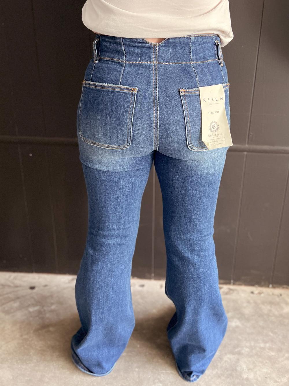 Risen Vintage Style High Rise Double Button Flare Jeans Product Image