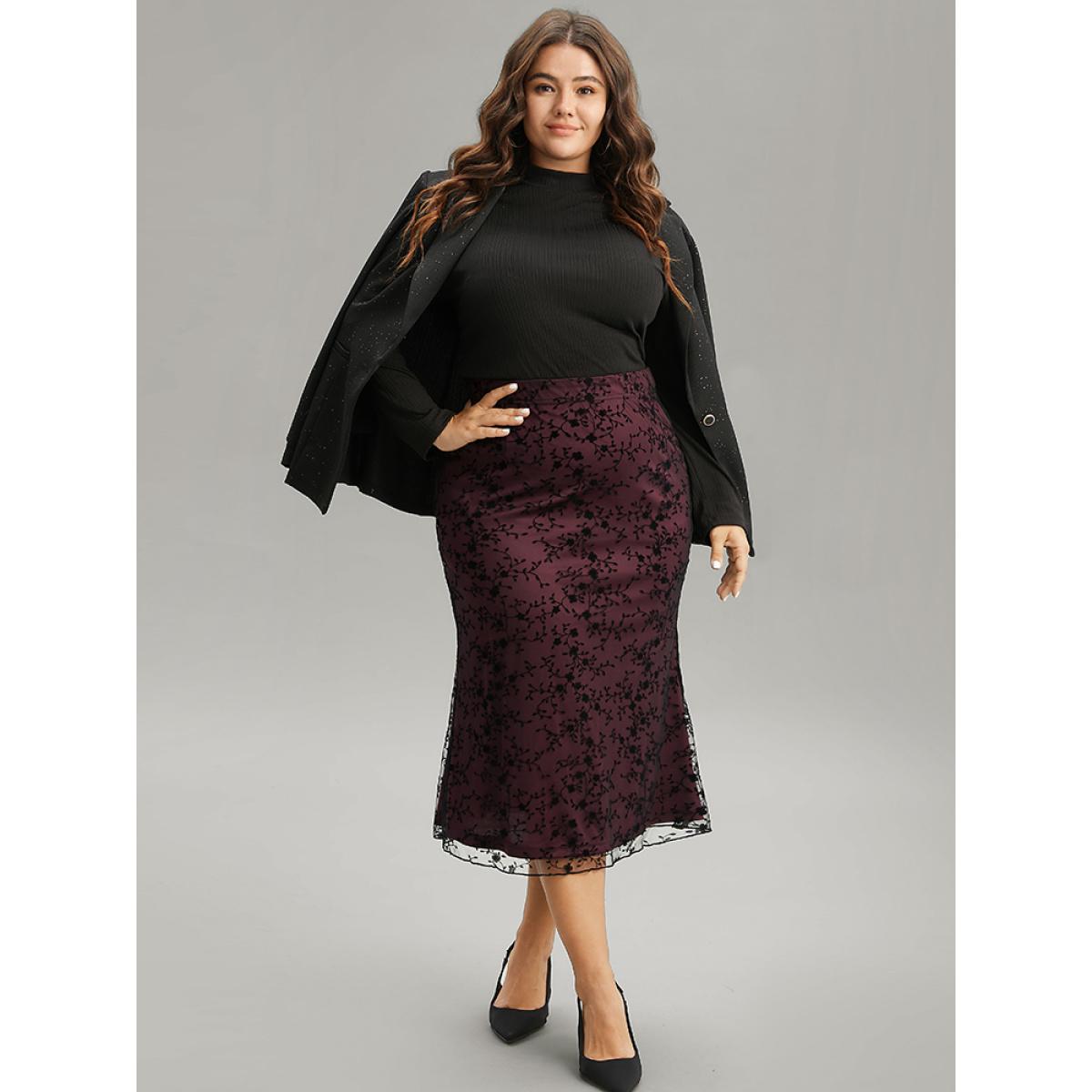 Plus Size Silhouette Floral Print Flocking Elastic Waist Skirt Women Burgundy Elegant Velvet Bodycon Low stretch Dailywear Skirts BloomChic 30/6X Product Image