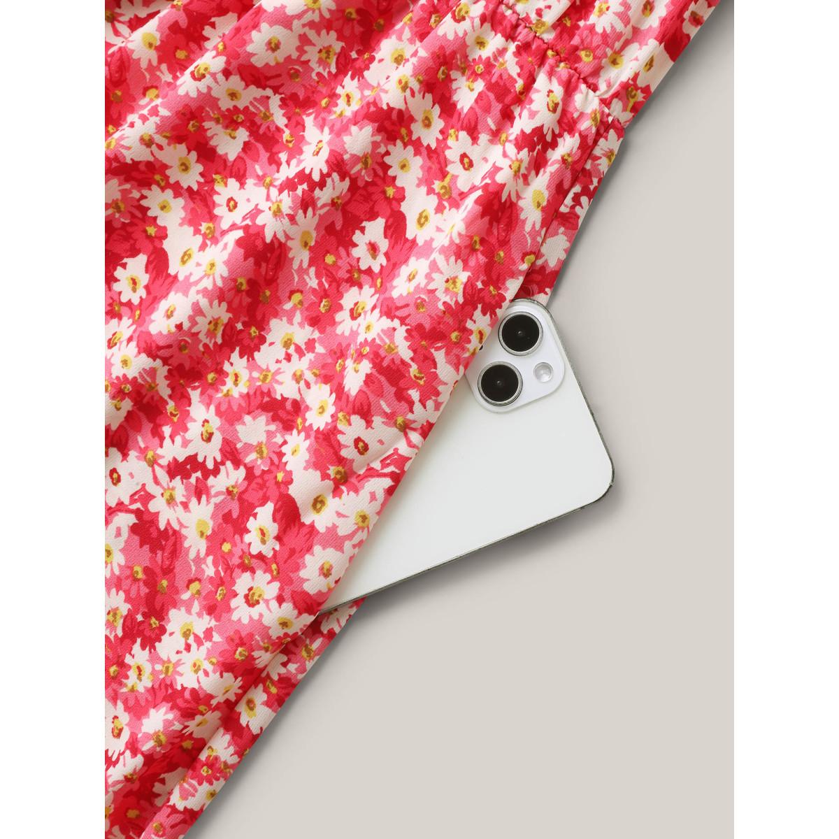 Plus Size Ruffled Neck Floral Print Tiered Midi Dress Peach Women Round Neck Cap Sleeve Curvy BloomChic 12/L Product Image