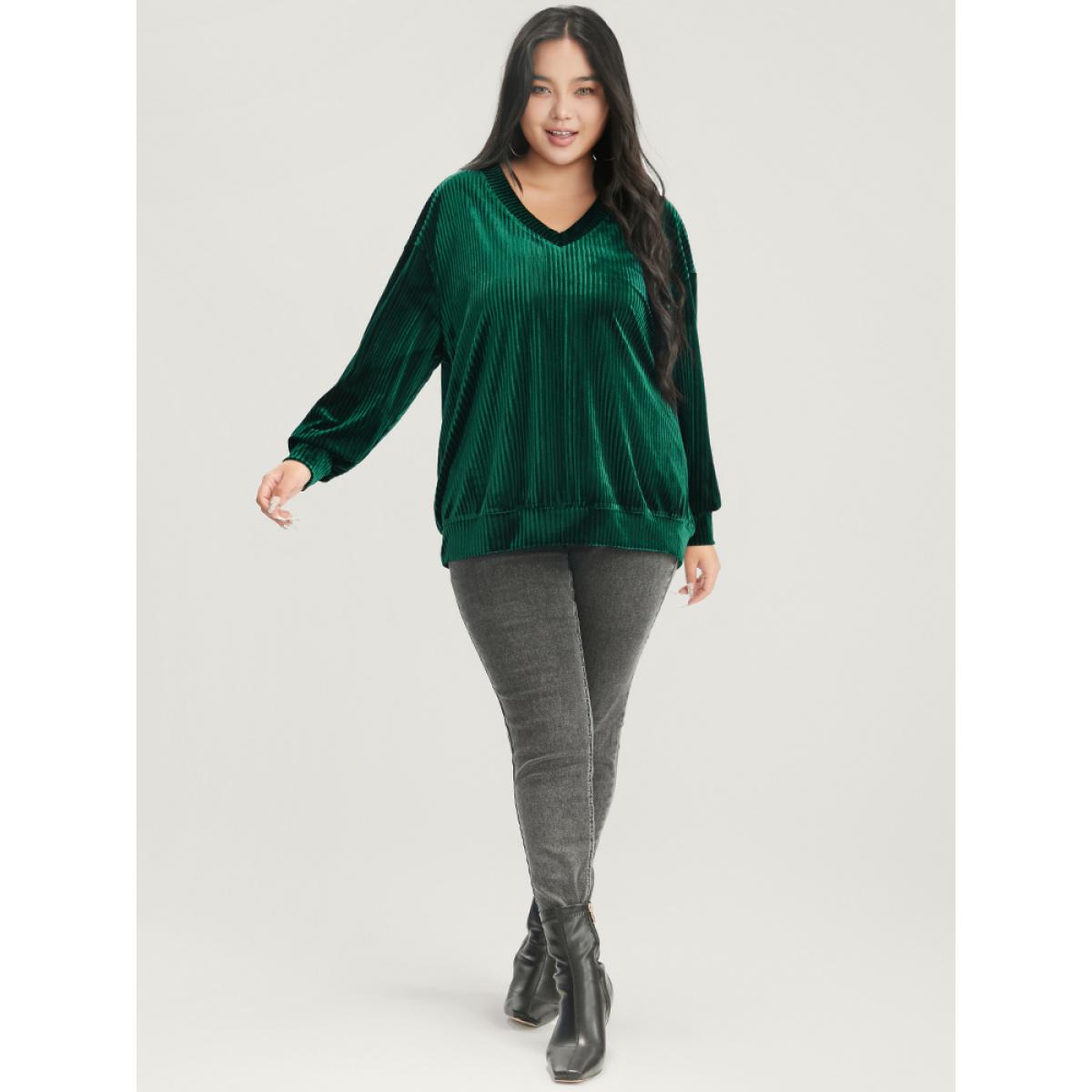 Plus Size Solid V Neck Rib Knit Velvet Sweatshirt Women DarkGreen Party Plain V-neck Going out Sweatshirts BloomChic 22-24/3X Product Image