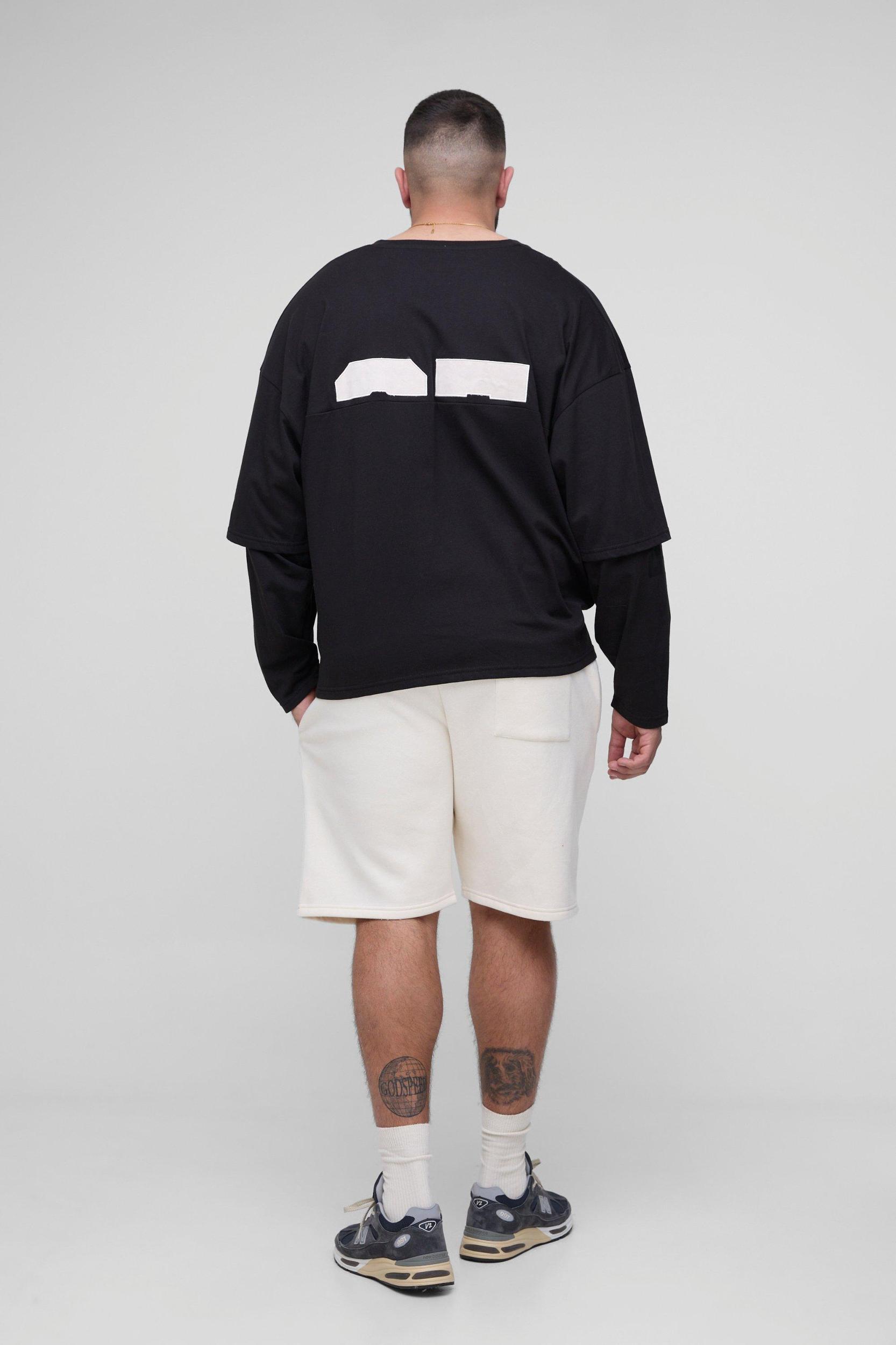 Plus Oversized Boxy Varsity Applique Faux Layer Long Sleeve T-Shirt | boohooMAN USA Product Image