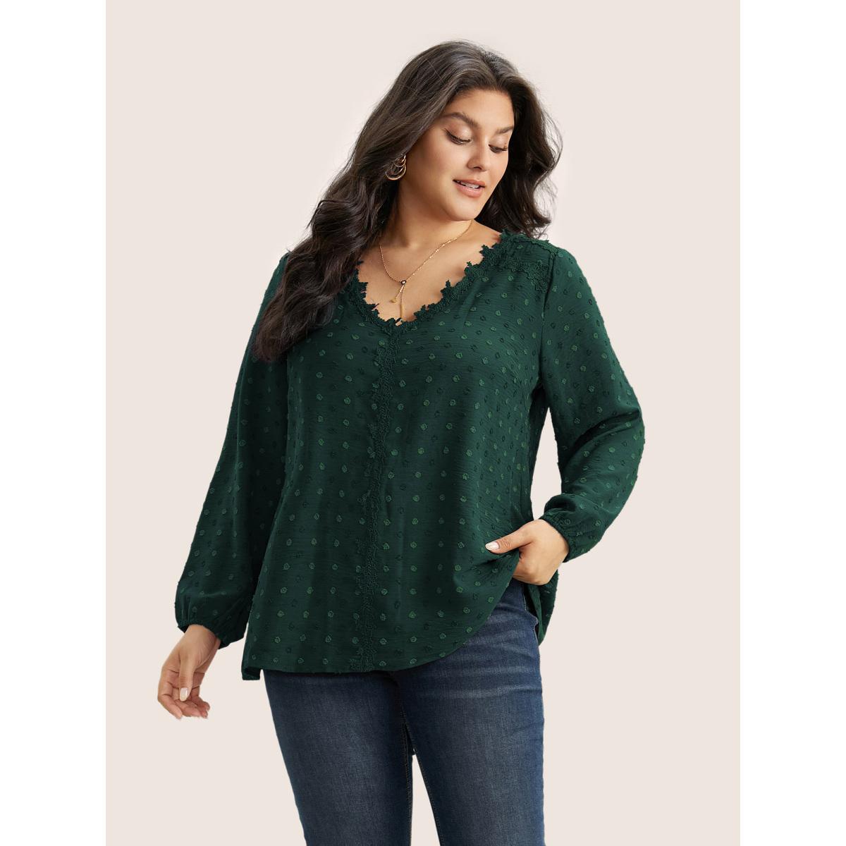 Plus Size Indigo Plisse Eyelet Lace Elastic Cuffs Blouse Women Elegant Long Sleeve V-neck Everyday Blouses BloomChic 14-16/1X Product Image