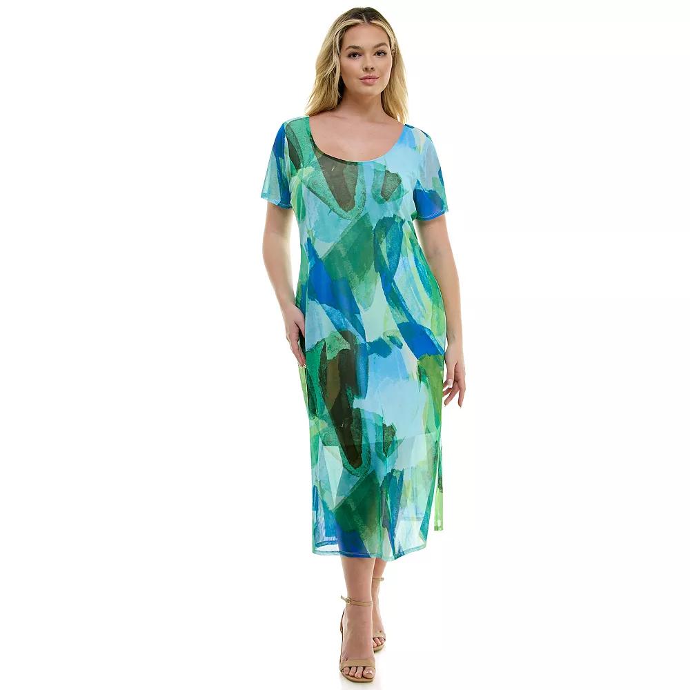 Juniors' Plus Size As U Wish Mesh Scoop Neck Side Slit Bodycon Midi Dress, Women's, Size: 1XL, Ivory Blue Green Product Image