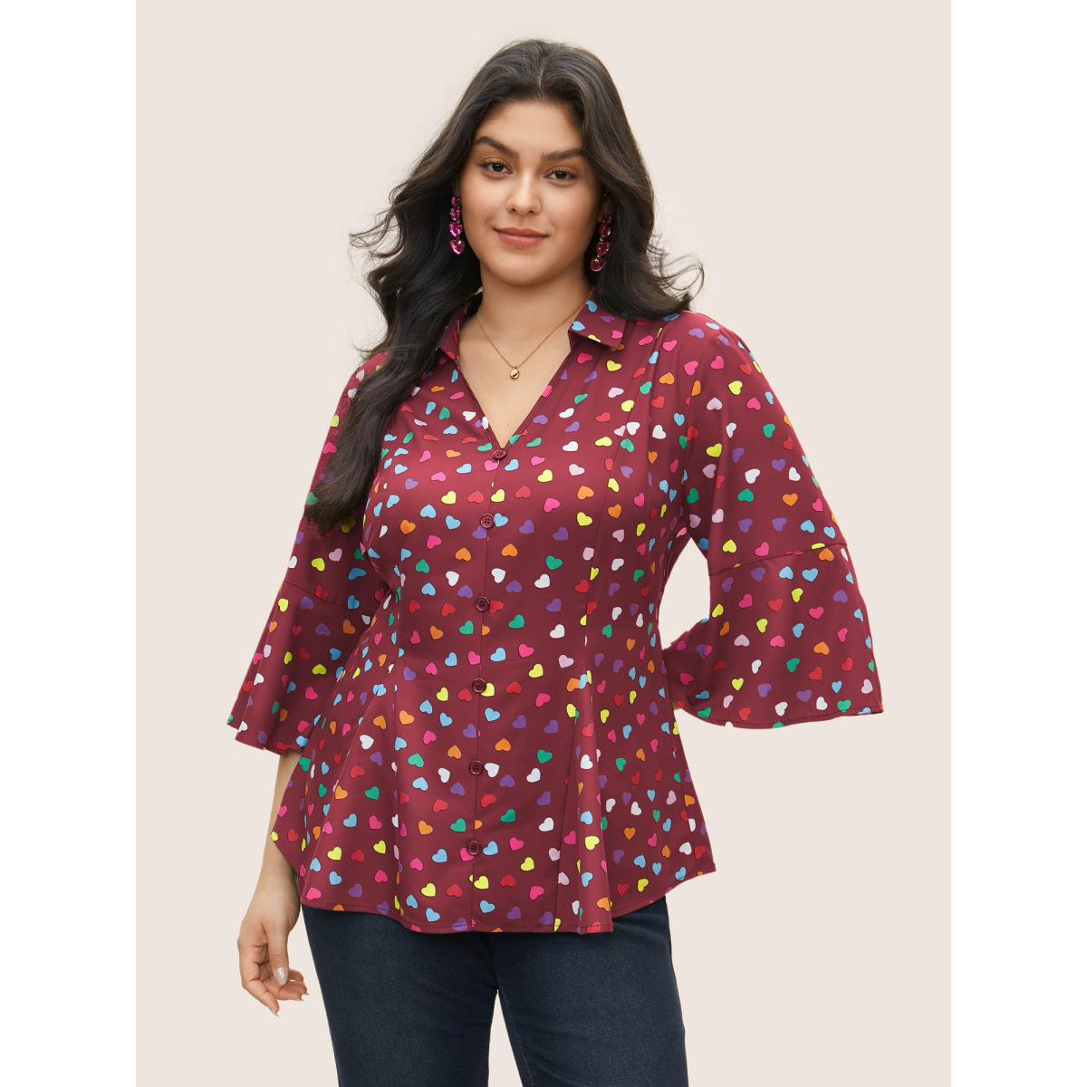 Plus Size Scarlet Colour Heart Print Bell Sleeve Blouse Women Elegant Elbow-length sleeve Shirt collar Everyday Blouses BloomChic 14-16/1X Product Image