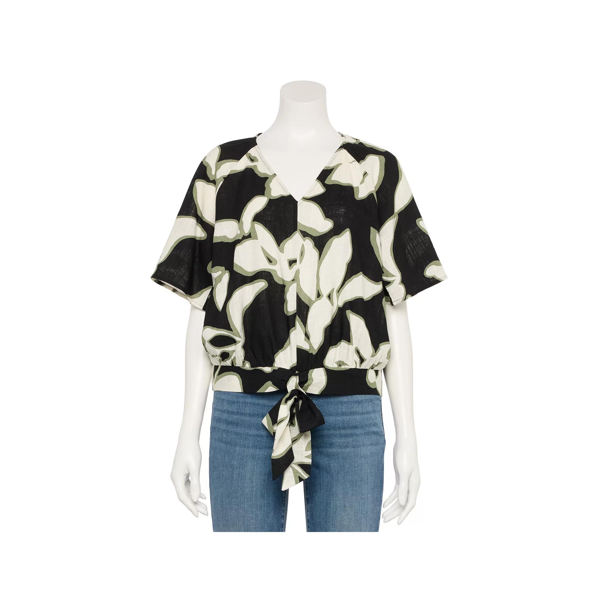 Women's Nine West Adaptive Tie-Front Top, Size: Small, Black Midsafari Leaf Product Image