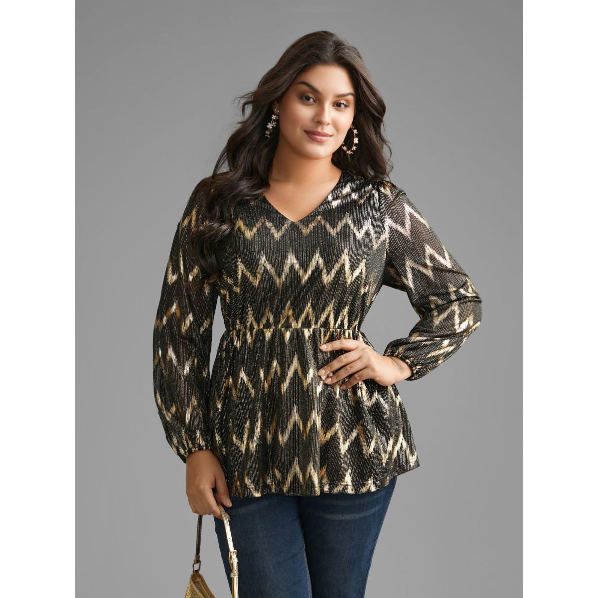 Plus Size Black Gold Shimmer Elastic Waist V-neck Blouse Women Cocktail Long Sleeve V-neck Party Blouses BloomChic 12/L Product Image