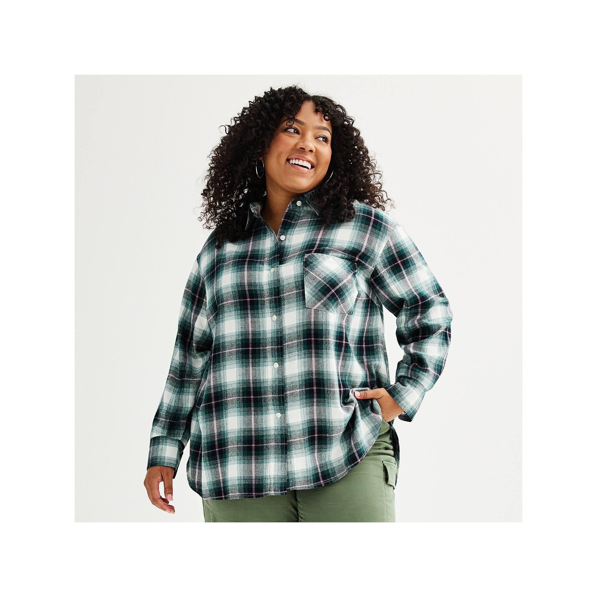 Plus Size Sonoma Goods For Life® Oversized Boyfriend Flannel Shirt, Women's, Size: 1XL, Moss Green Plaid Product Image