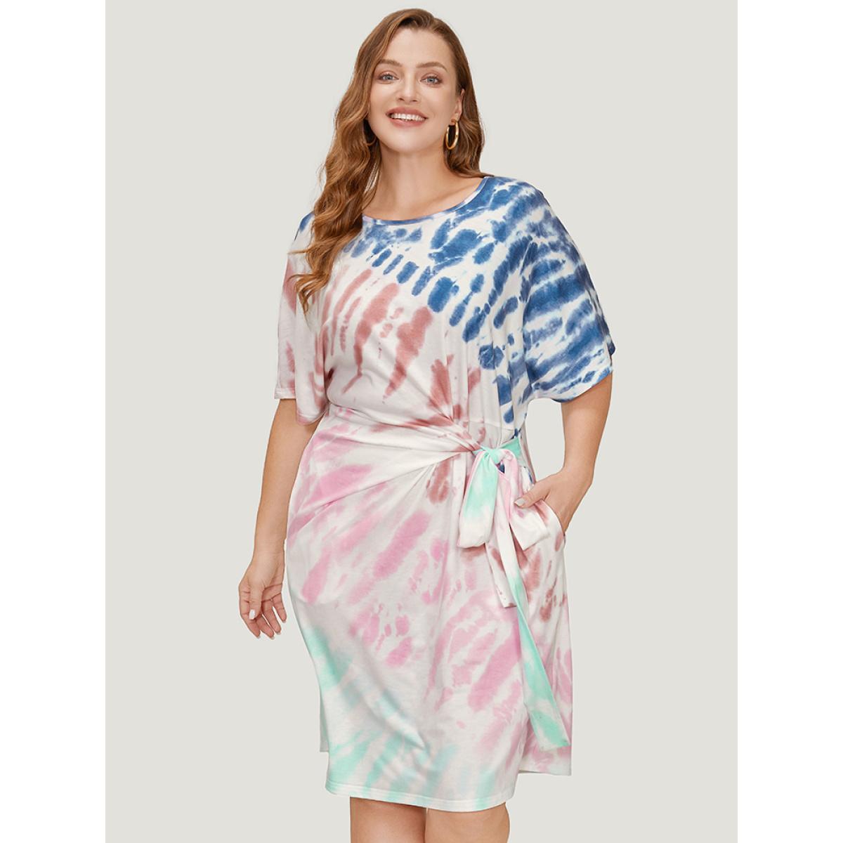 Plus Size Tie Dye Dolman Sleeve Pocket Knot Side Dress Multicolor Women Casual Knotted Round Neck Short sleeve Curvy Midi Dress BloomChic 18-20/2X Product Image