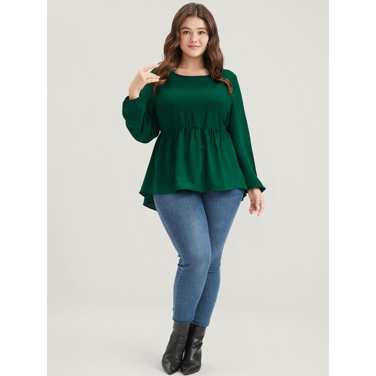 Plus Size DarkGreen Solid Lantern Sleeve High Low Hem Flutter Blouse Women Elegant Long Sleeve Round Neck Dailywear Blouses BloomChic 18-20/2X Product Image