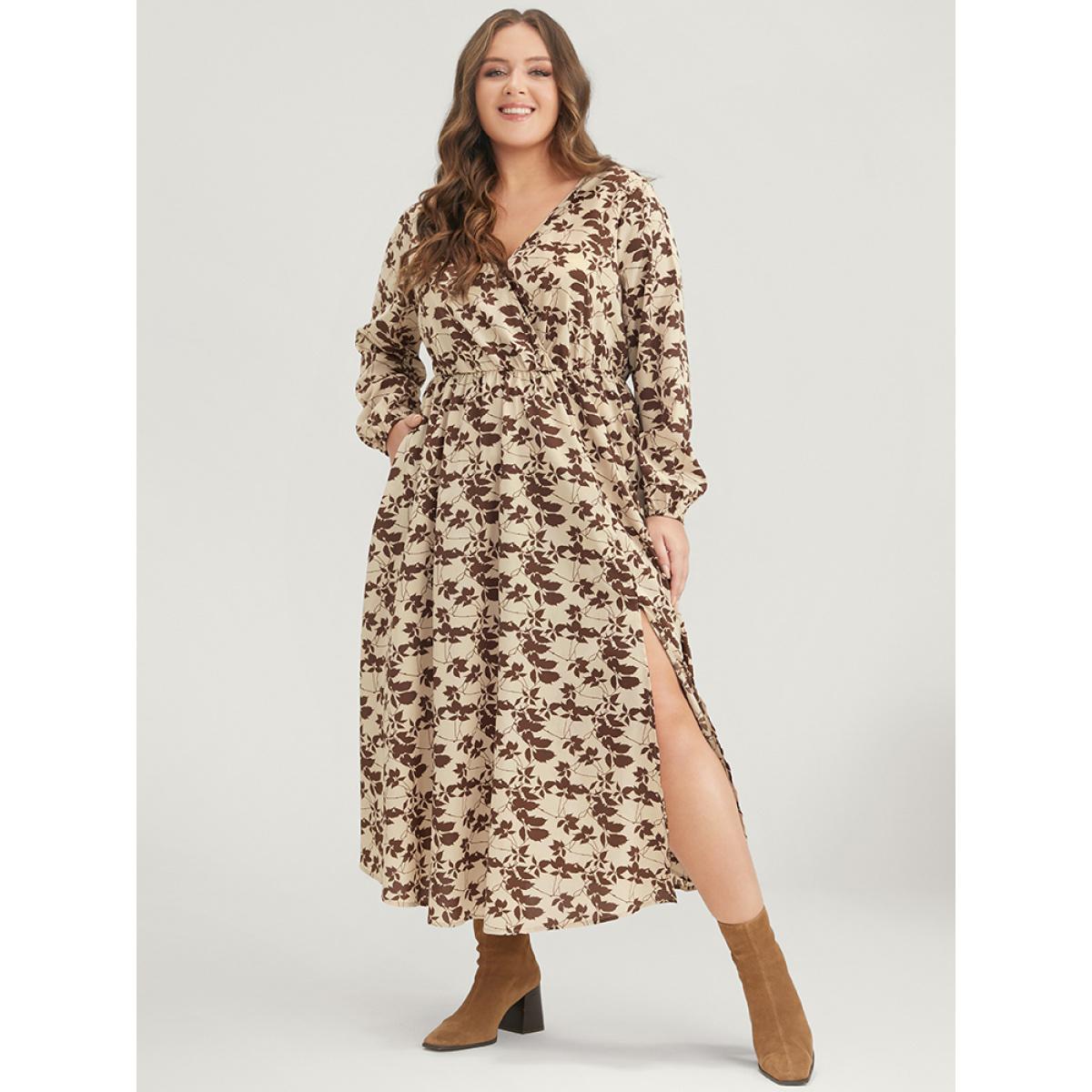 Plus Size Plant Print Pocket Lantern Sleeve Split Midi Dress Tan Women Elegant Pocket V-neck Long Sleeve Curvy Midi Dress BloomChic 14-16/1X Product Image