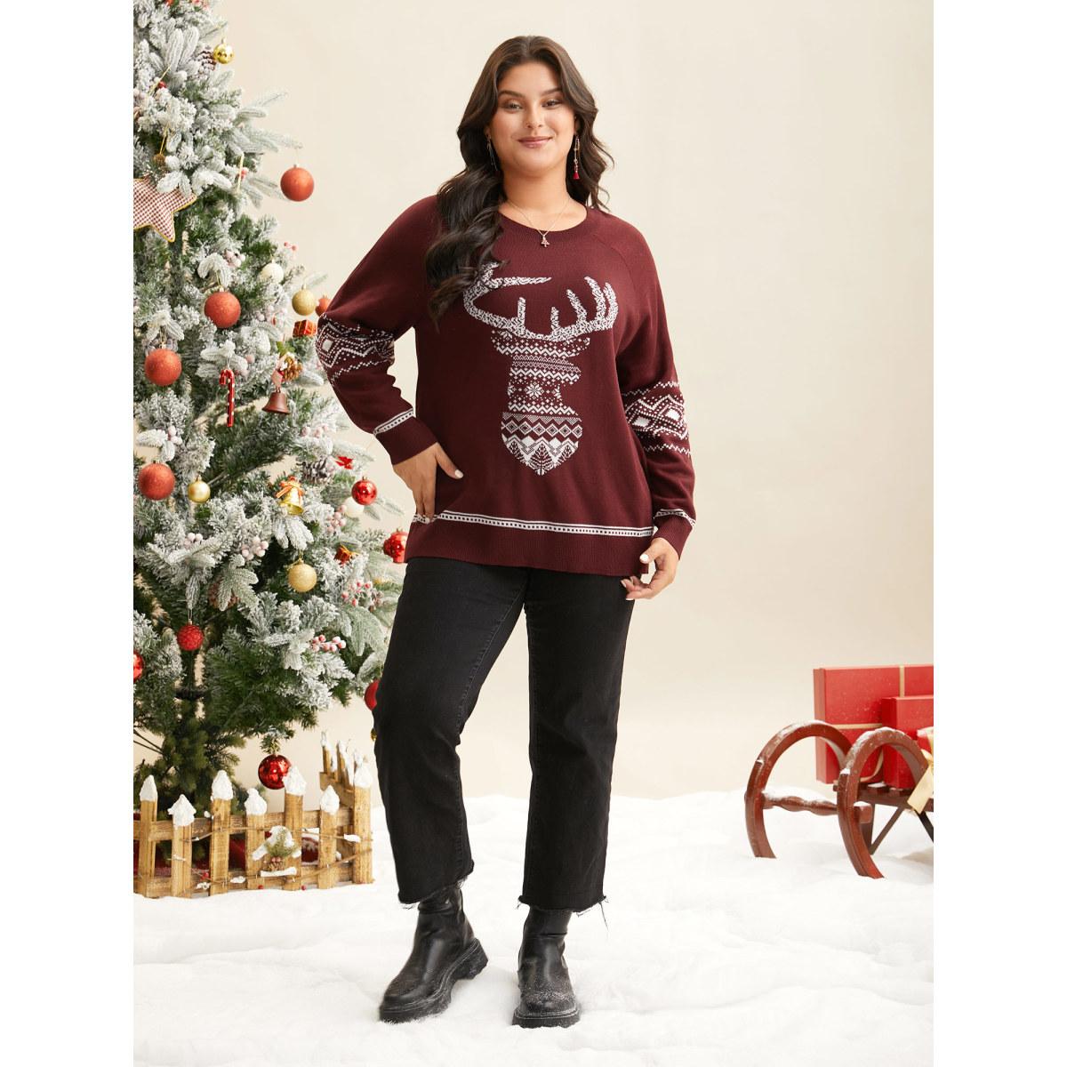 Plus Size Geo Reindeer Printed Sleeves Straight Fit Pullover Scarlet Women Casual Loose Long Sleeve Round Neck Everyday Pullovers BloomChic 12/L Product Image
