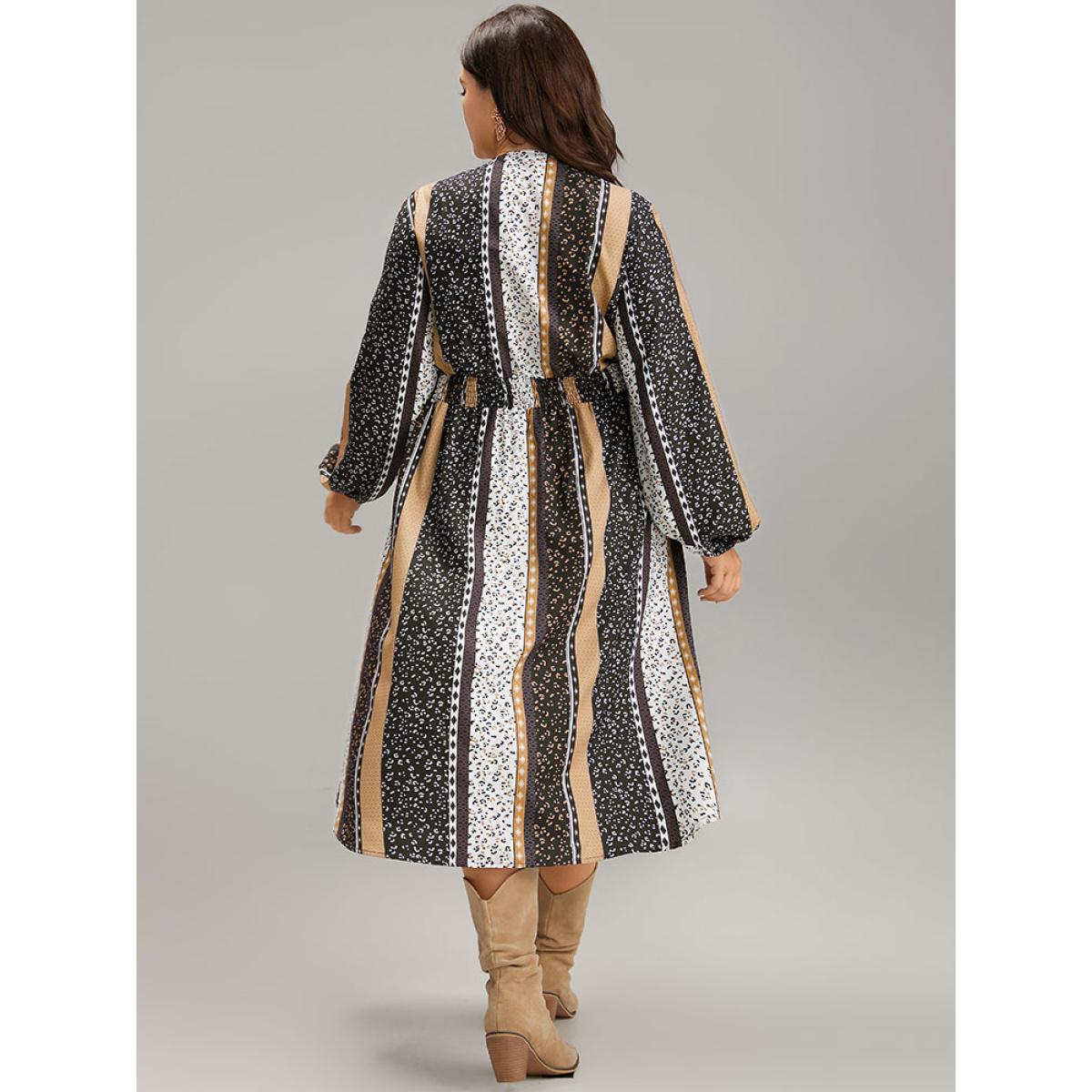 Plus Size Boho Print Striped Shirred Wrap Dress Leopard Women Vacation Elastic cuffs V-neck Long Sleeve Curvy Midi Dress BloomChic 22-24/3X Product Image