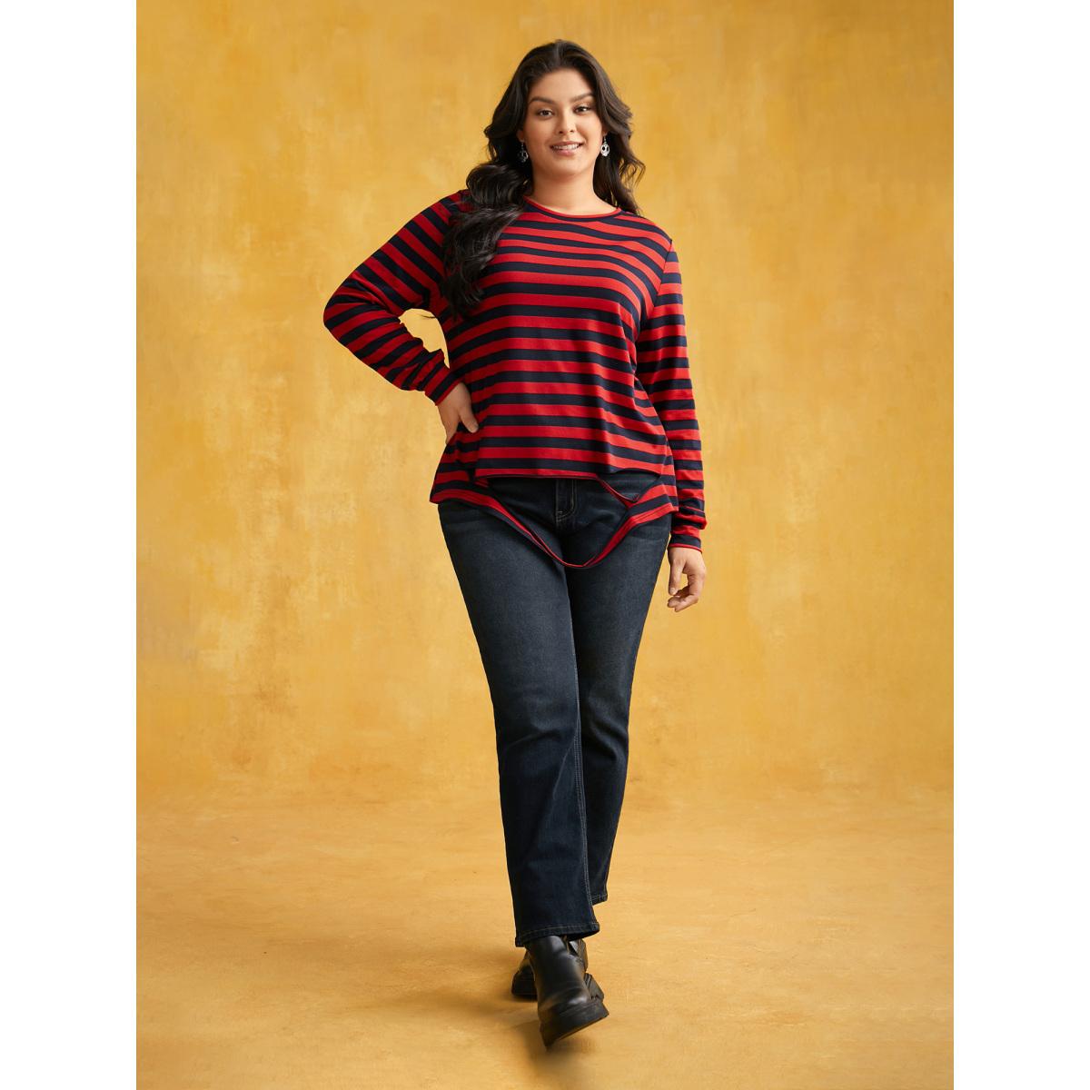 Plus Size Striking Striped Relaxed Fit T-shirt Brightred Women Casual Distressed Round Neck Everyday T-shirts BloomChic 12/L Product Image