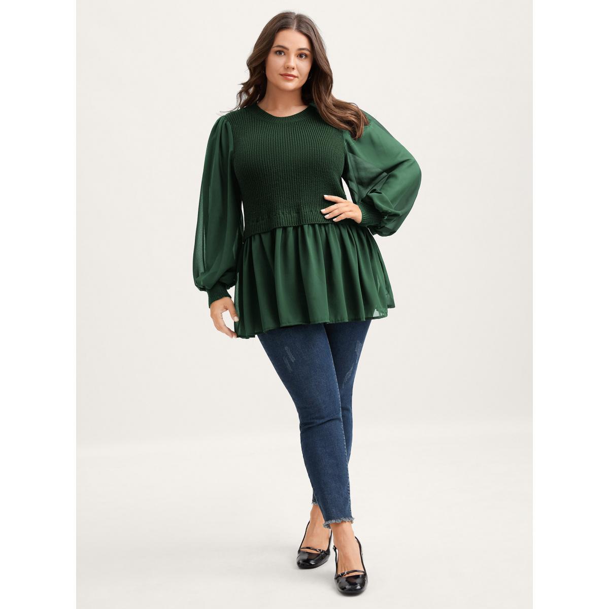 Plus Size Balloon Sleeve Solid Twofer Sweater DarkGreen Women Romantic Bodycon Long Sleeve Round Neck Elegant Pullovers BloomChic 26/4X Product Image