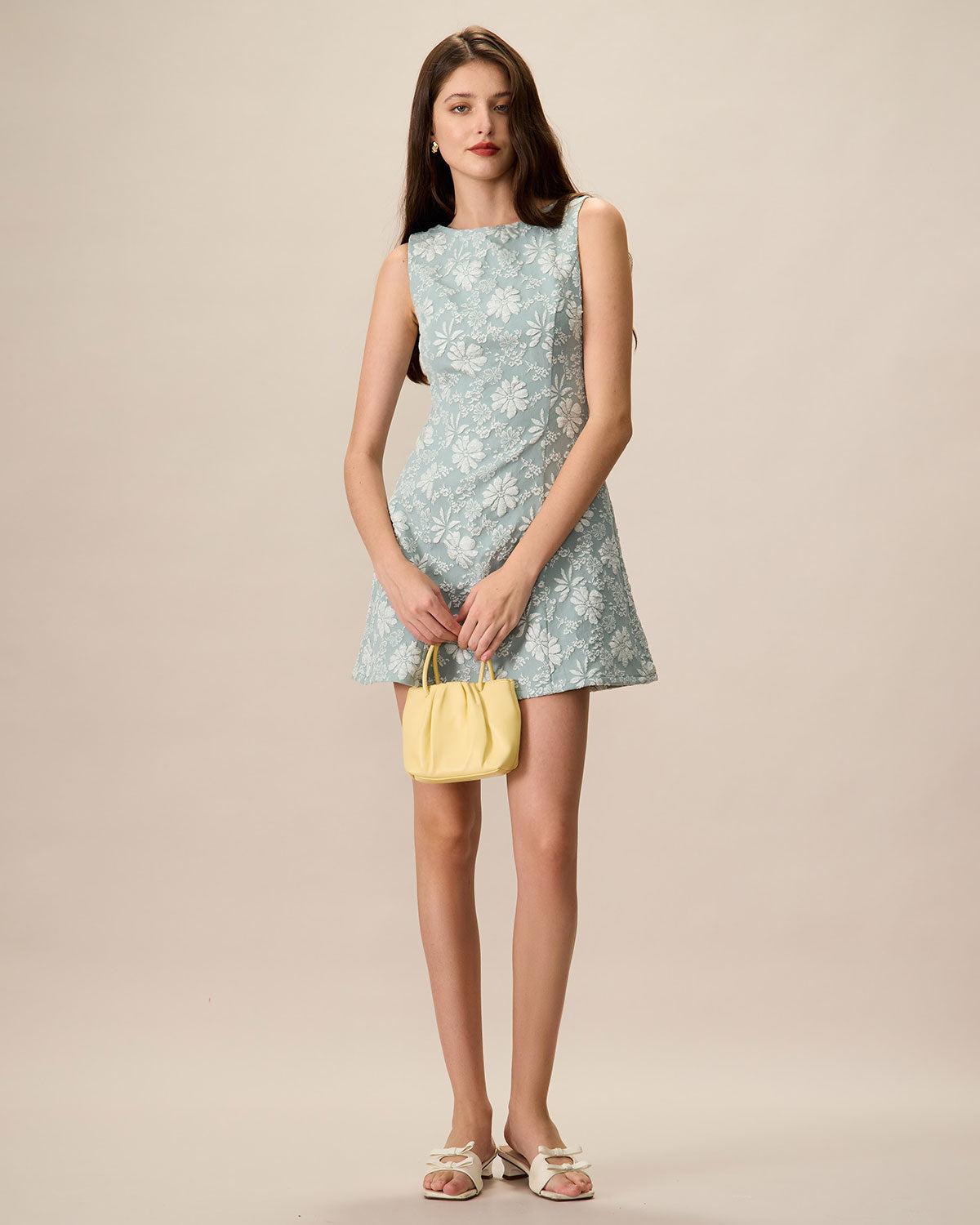 Women's Green Boat Neck Jacquard Mini Dress Female Product Image