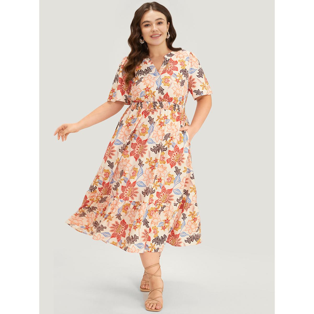 Plus Size Floral Print Shirred Pocket Notched Ruffled Hem Dress MistyRose Women Vacation Printed Notched collar Short sleeve Curvy Midi Dress BloomChic 30/6X Product Image