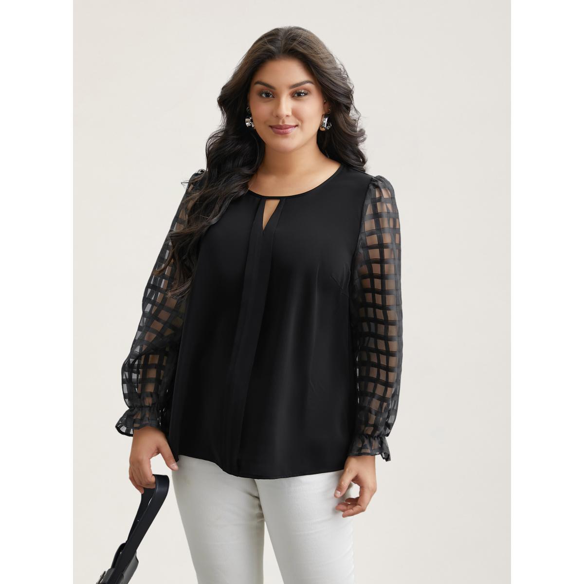 Plus Size Black Sheer Textured Sleeve Neck Cut-Out Shirt Women Office Long Sleeve Round Neck Office Blouses BloomChic 22-24/3X Product Image