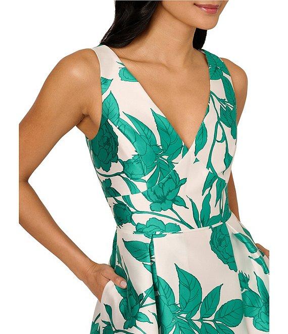 Adrianna Papell V-Neck Sleeveless Pleated Skirt Floral Print Twill High Low Fit & Flare Midi Dress Product Image