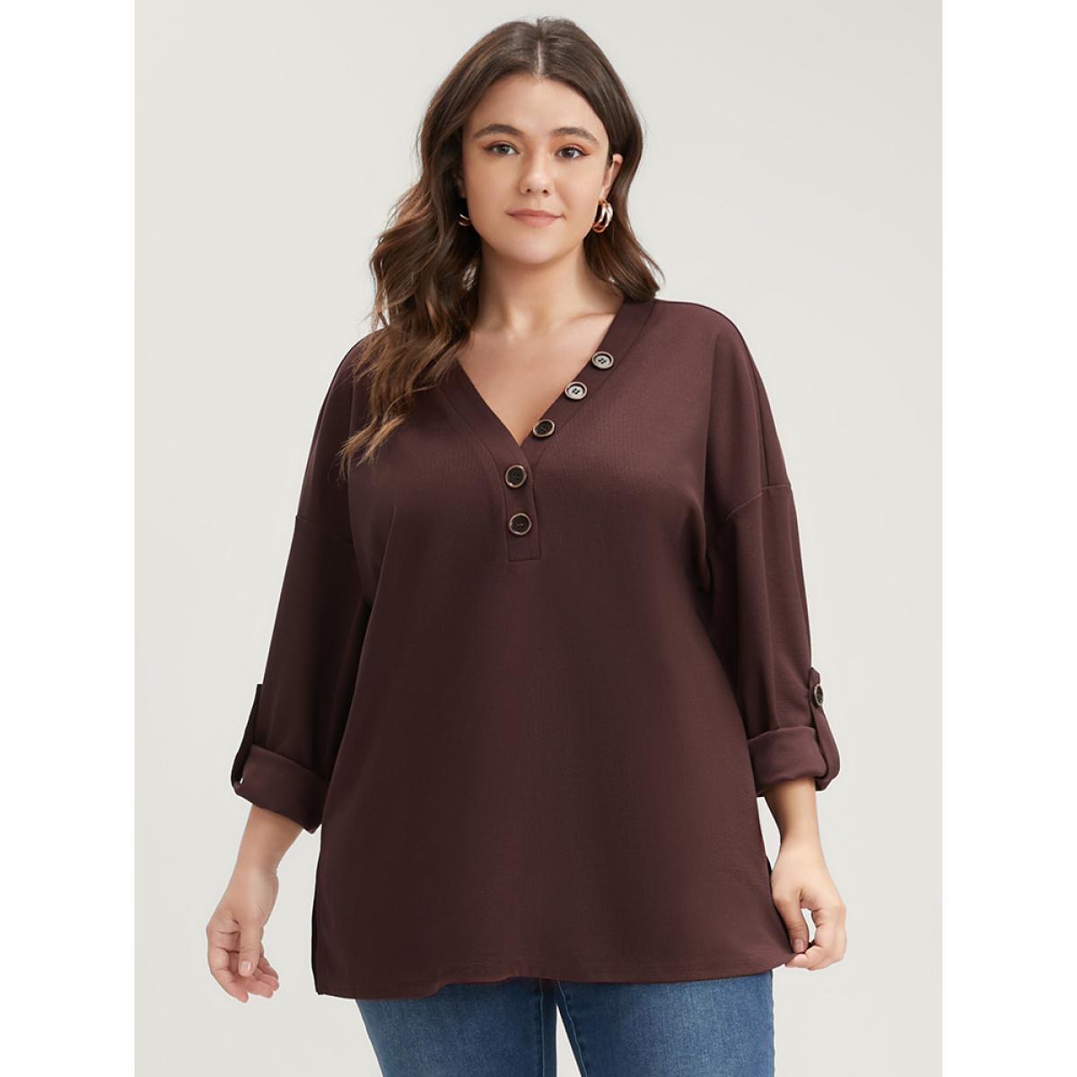 Plus Size Solid Cuffed Sleeve Split Hem Long Tee Burgundy Women Casual Button Plain V-neck Office T-shirts BloomChic 14-16/1X Product Image