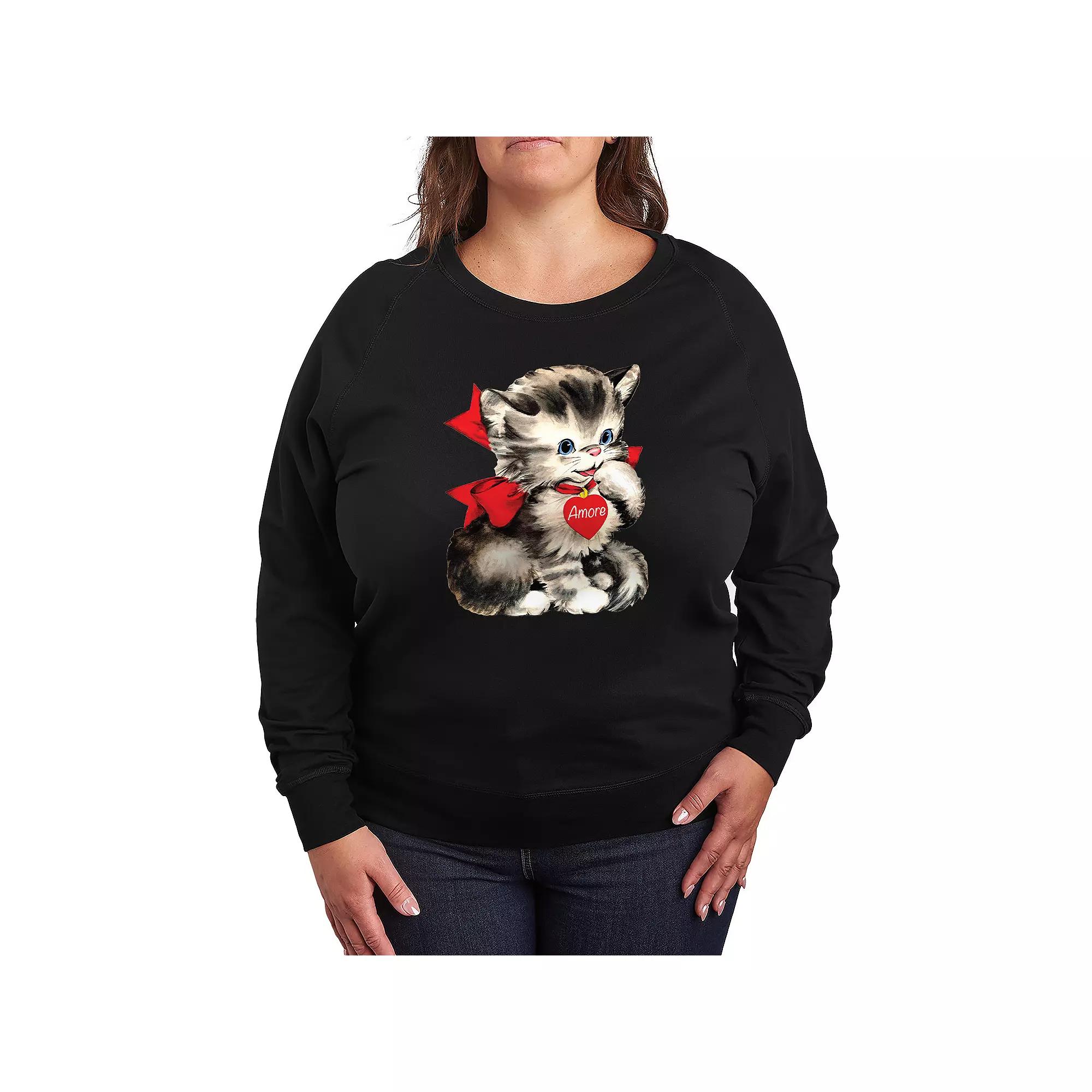 Plus Size Amore Vintage Valentine's Kitten French Terry Long Sleeve Tee, Women's, Size: 1XL, Black Product Image