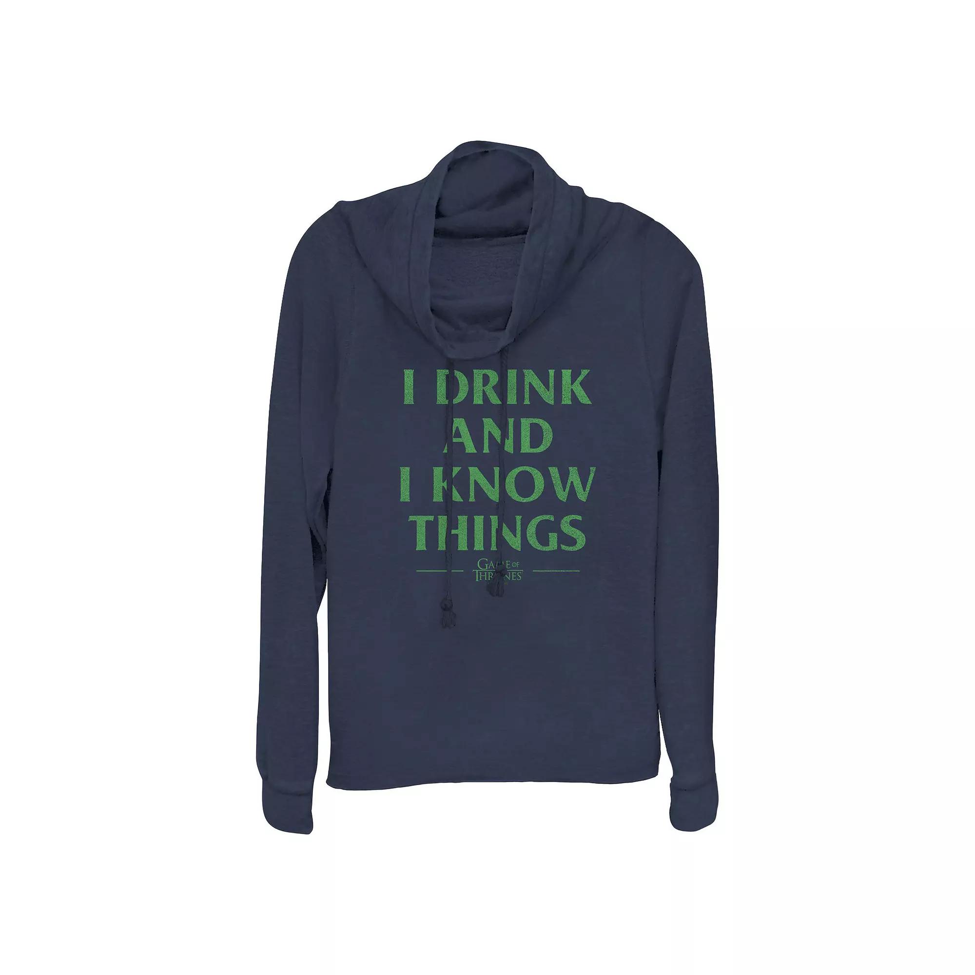 Women's Game Of Thrones I Drink And I Know Things Cowlneck Graphic Lightweight Long Sleeve, Size: XS, Blue Product Image