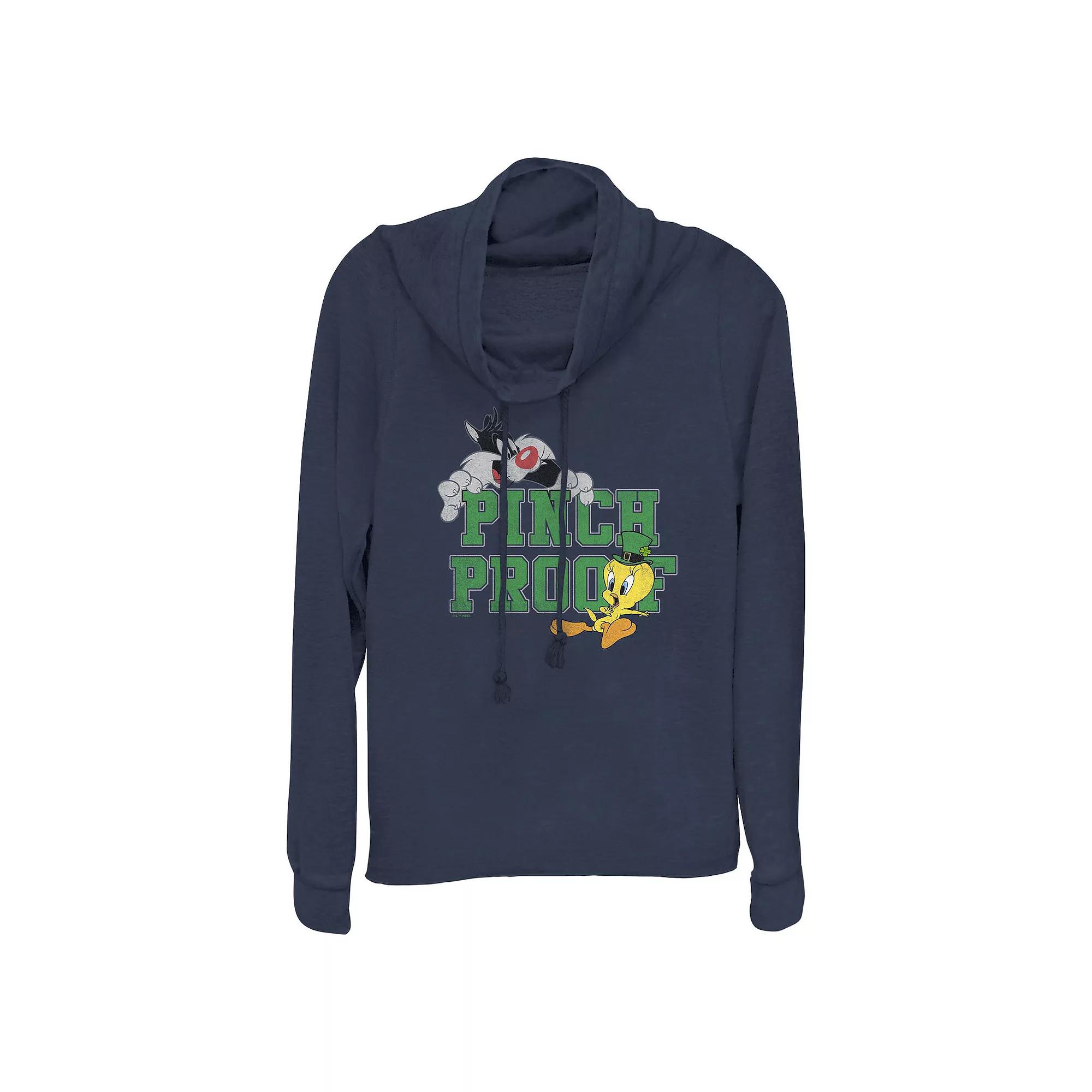 Womens Looney Tunes Sylvester And Tweety Bird Pinch Proof Cowlneck Graphic Lightweight Long Sleeve Blue Product Image