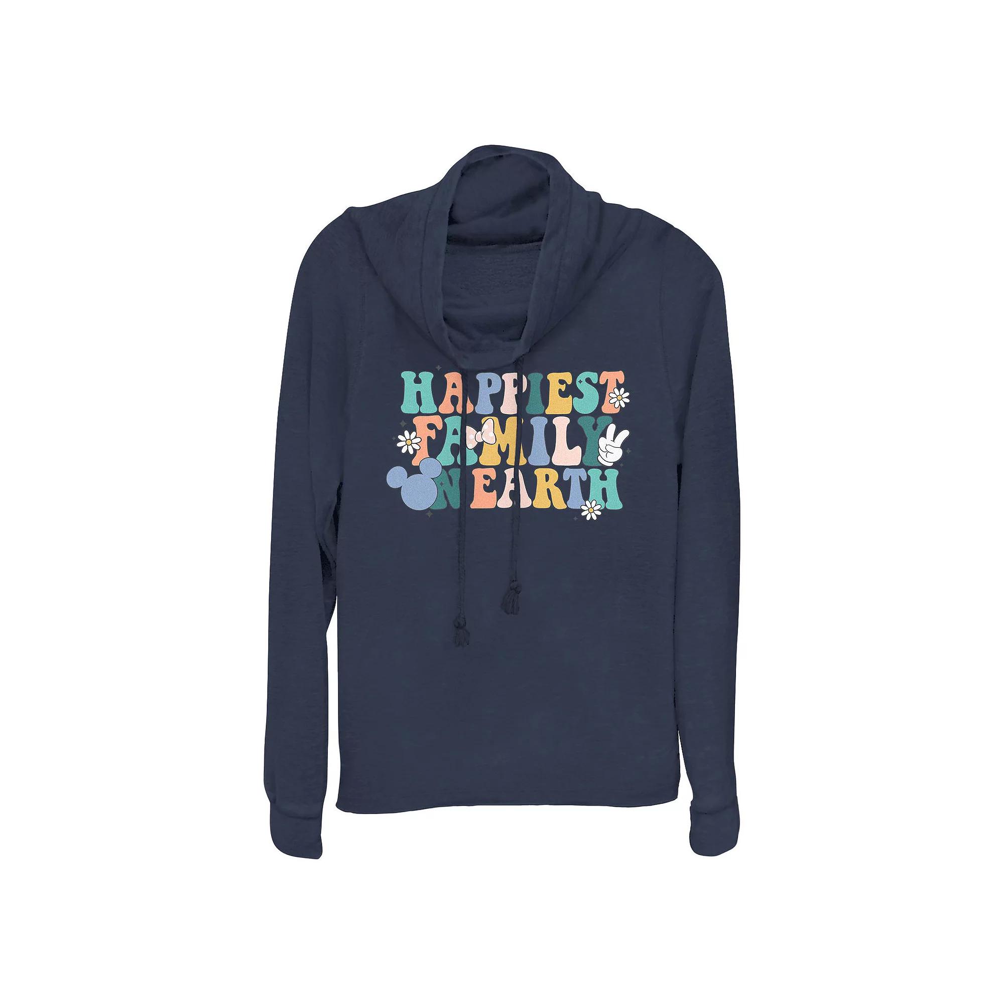 Disney's Mickey Mouse Happiest Family On Earth Women's Cowlneck Graphic Lightweight Long Sleeve, Size: XS, Blue Product Image