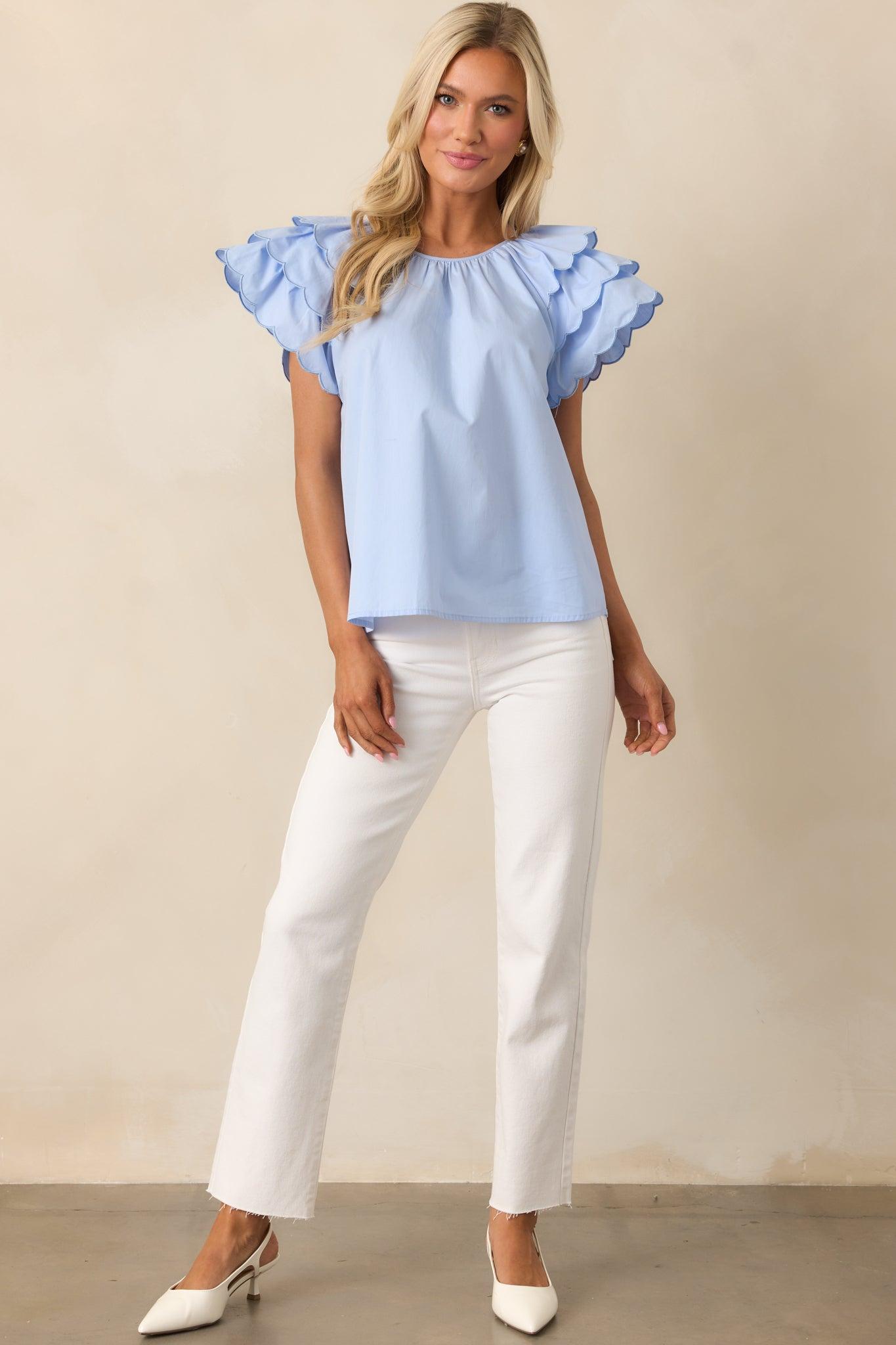 Bianca Blue Fog Cotton Embroidered Scallop Top Product Image