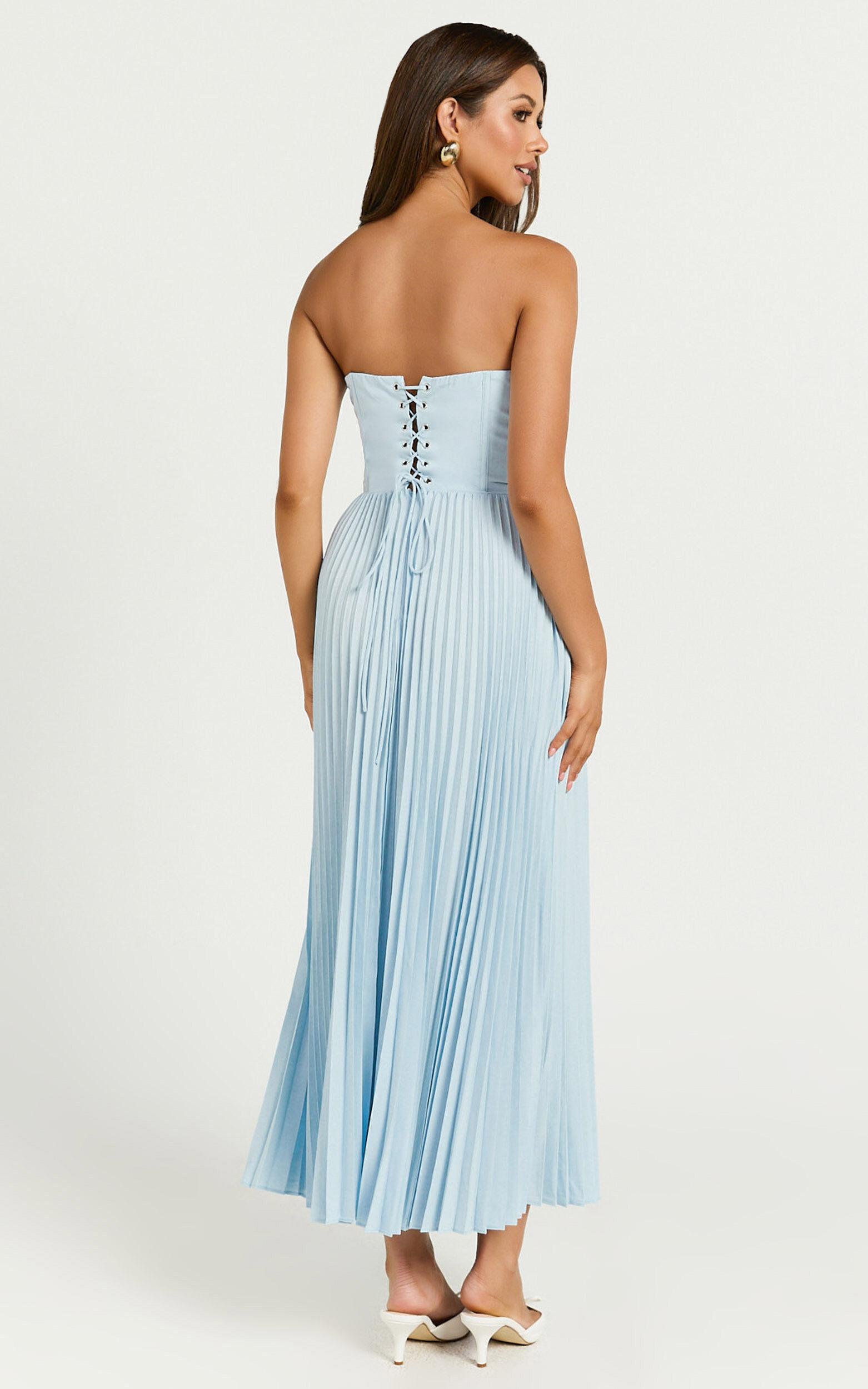 Loretta Midi Dress - Lace Up Back Bustier Pleated Dress in Light Blue Product Image