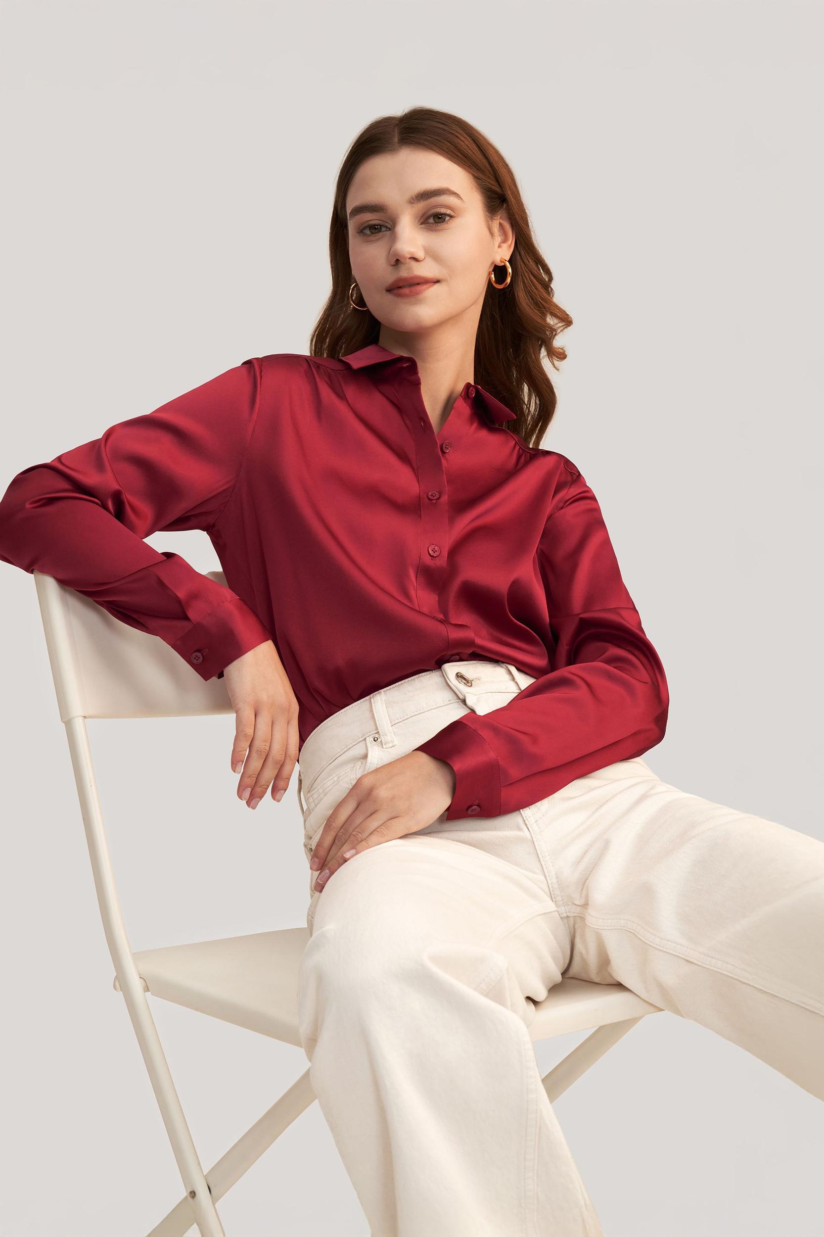 Long Sleeves Collared Silk Blouse Product Image
