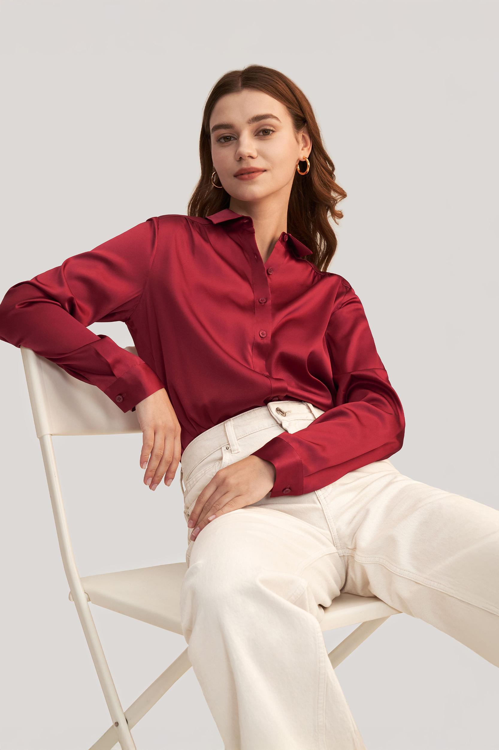 Long Sleeves Collared Silk Blouse Product Image