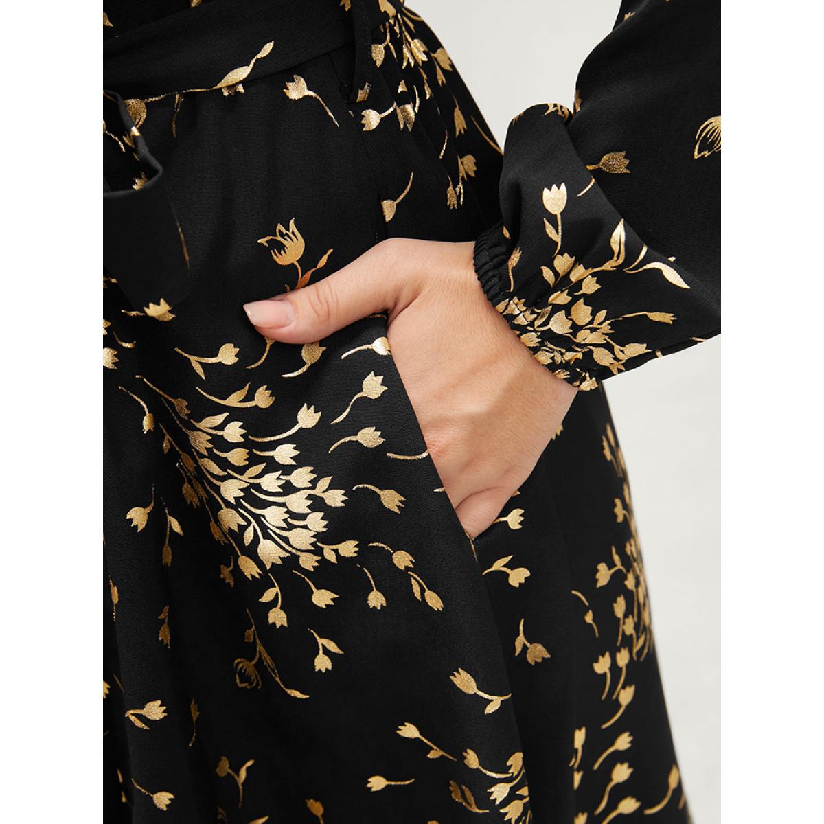 Plus Size Floral Pocket Lantern Sleeve Belted Surplice Neck Dress Black Women Party Belted V-neck Long Sleeve Curvy Midi Dress BloomChic 28/5X Product Image