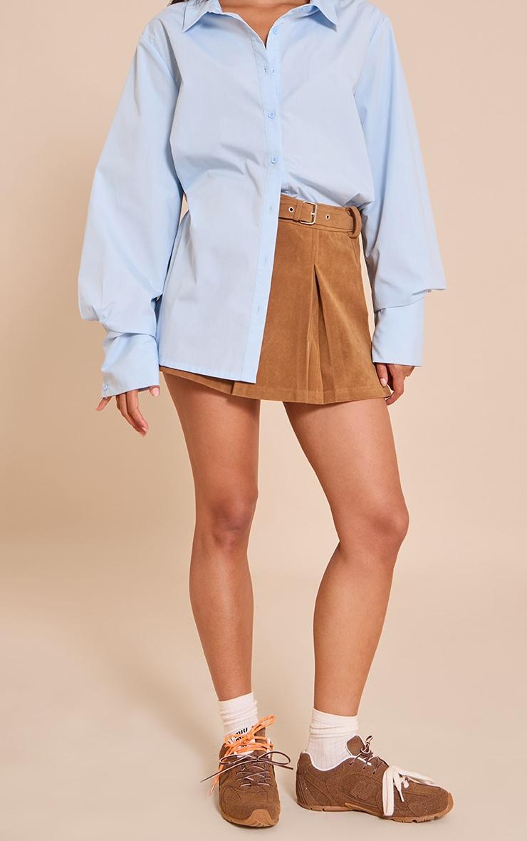 Camel Faux Suede Pleated Mini Skirt Product Image