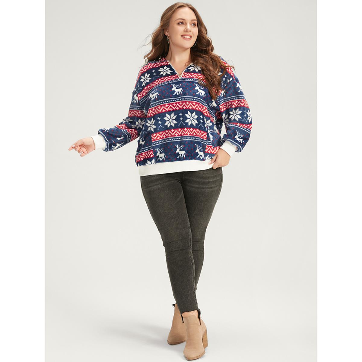 Plus Size Snowflake & Elk Print Zipper Pocket Sweatshirt Women DarkBlue Casual Zipper Hooded Dailywear Sweatshirts BloomChic 18-20/2X Product Image