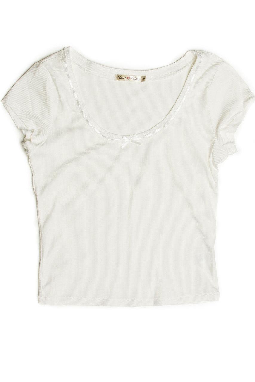 White Satin Bow Ribbed Shirt Product Image