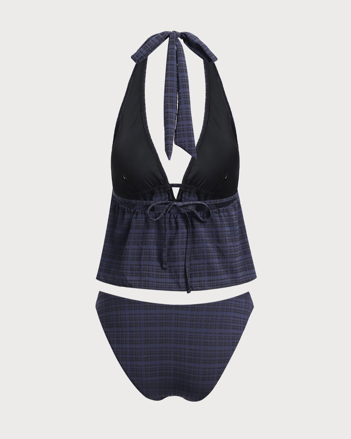 Black Deep V Neck Plaid Tankini Swimsuit Product Image