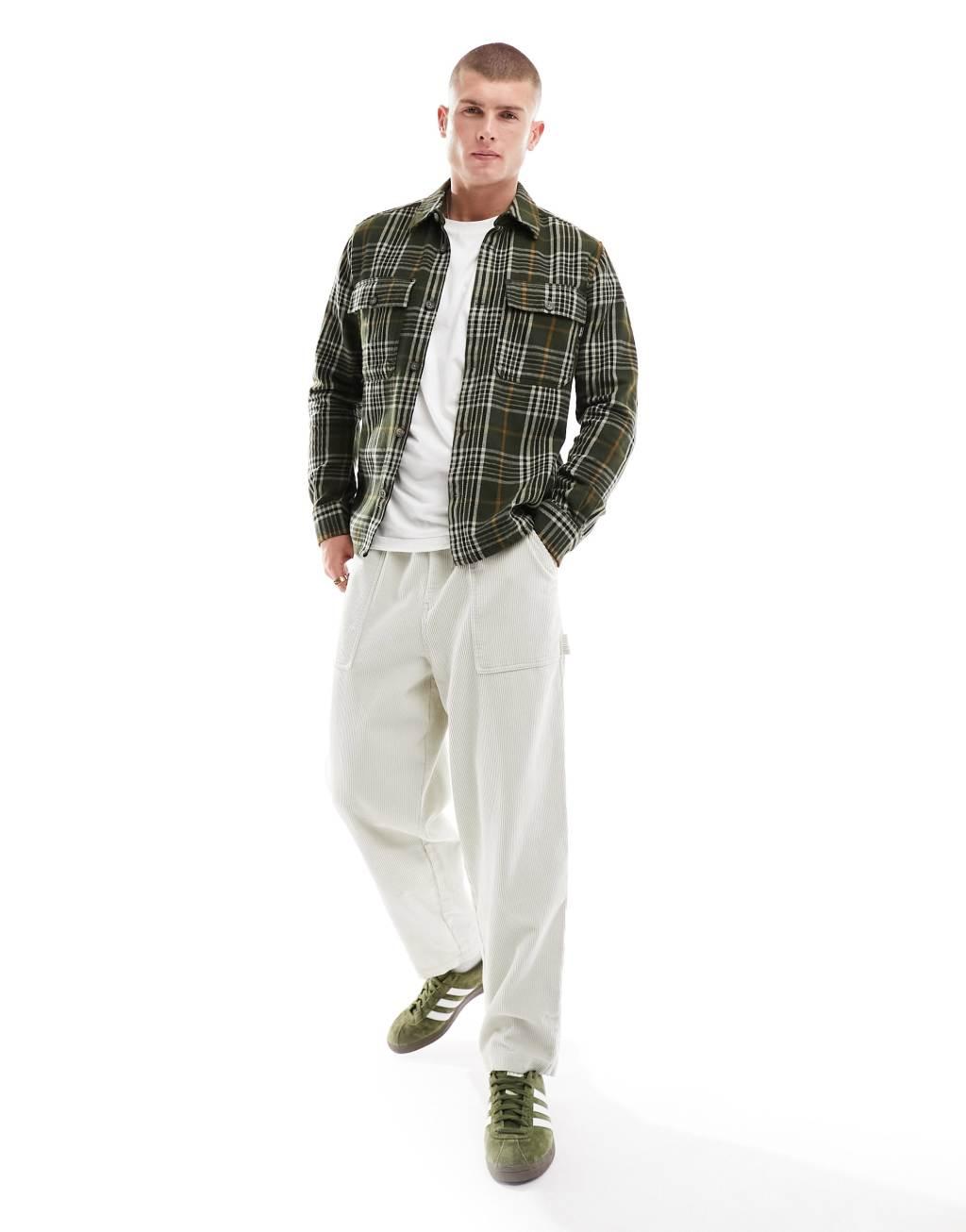 Only & Sons flannel check overshirt in khaki Product Image