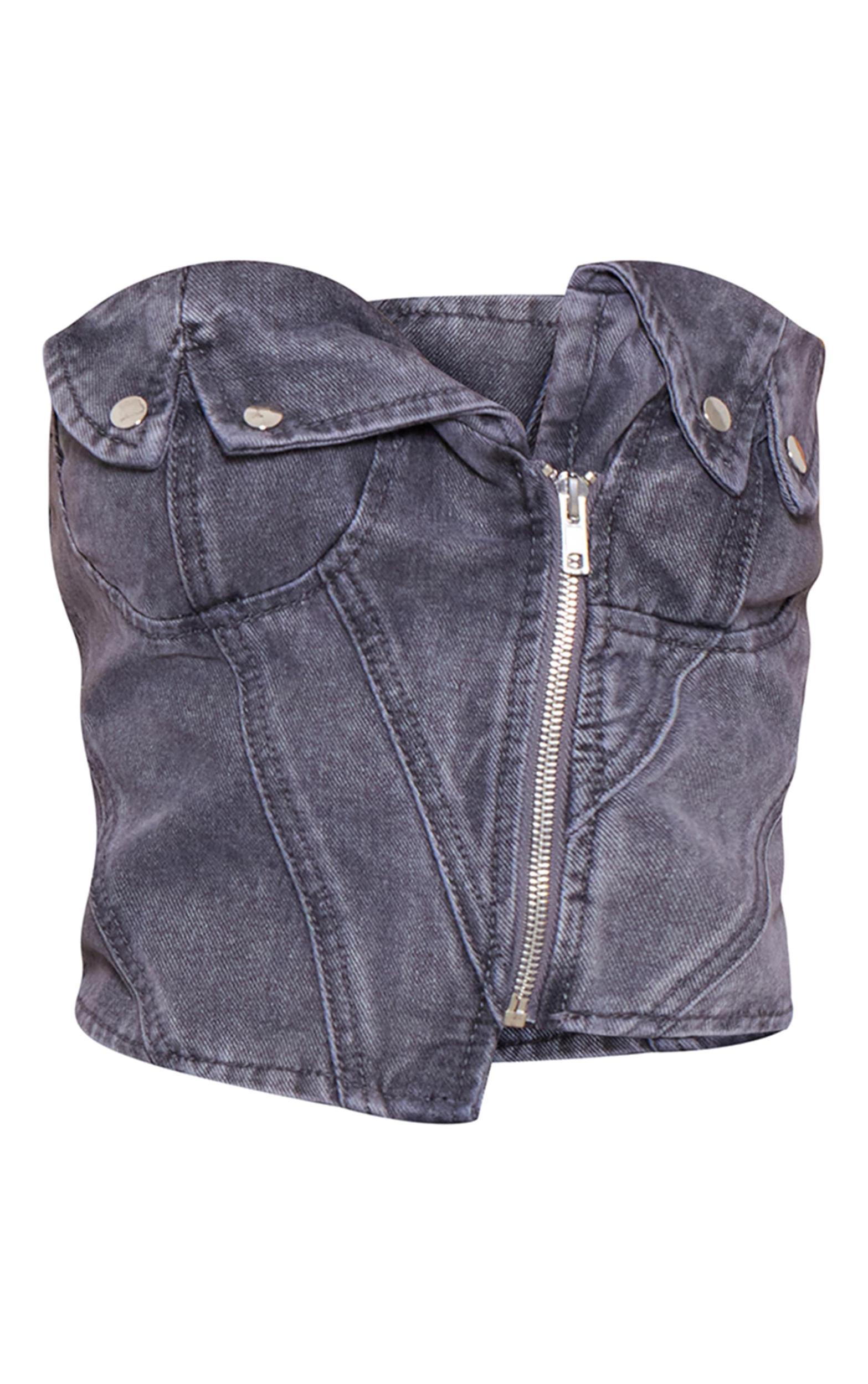 Petite Washed Grey Denim Fold Over Zip Up Corset Product Image