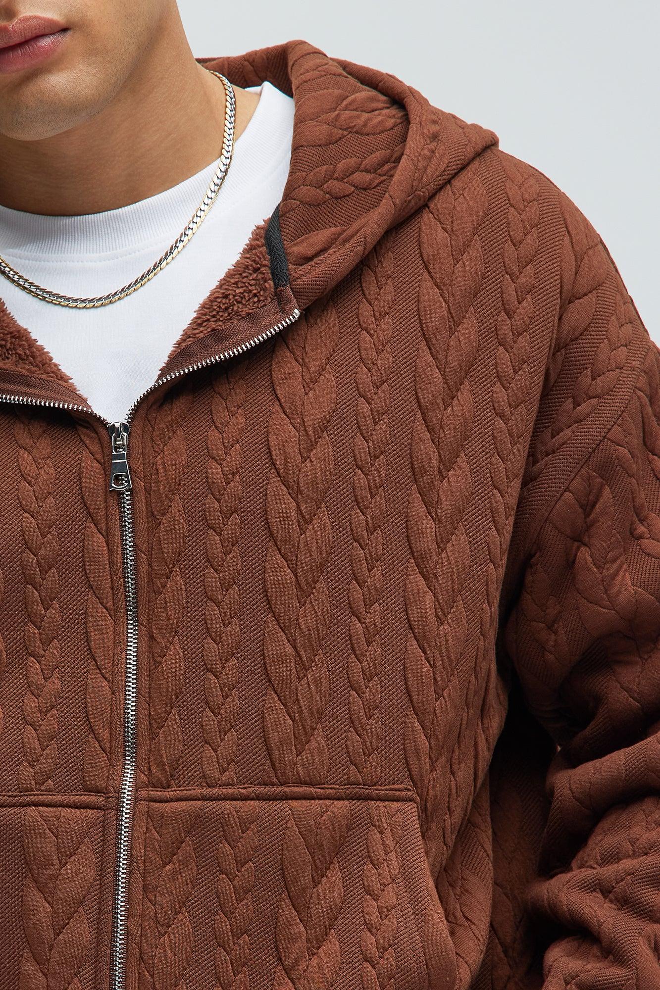 Lane Cable Knit Zip Up Hoodie - Brown Product Image