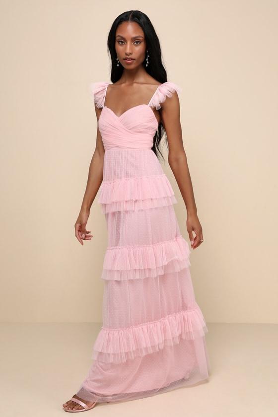 Pure Radiance Pink Mesh Swiss Dot Tiered Maxi Dress Product Image