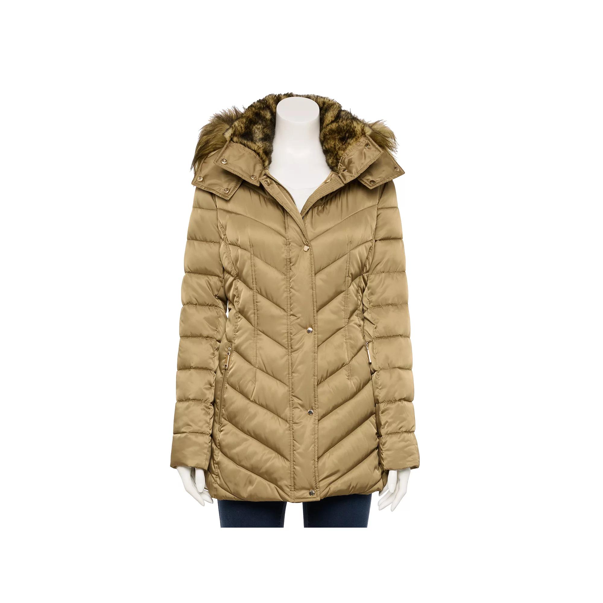 Women's Nine West Faux-Fur Hood Puffer Jacket, Size: XXL, Beige Khaki Product Image