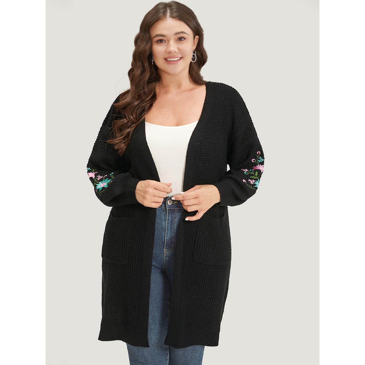 Plus Size Plants Embroidered Lantern Sleeve Open Front Cardigan Black Women Casual Loose Long Sleeve Dailywear Cardigans BloomChic 14-16/1X Product Image